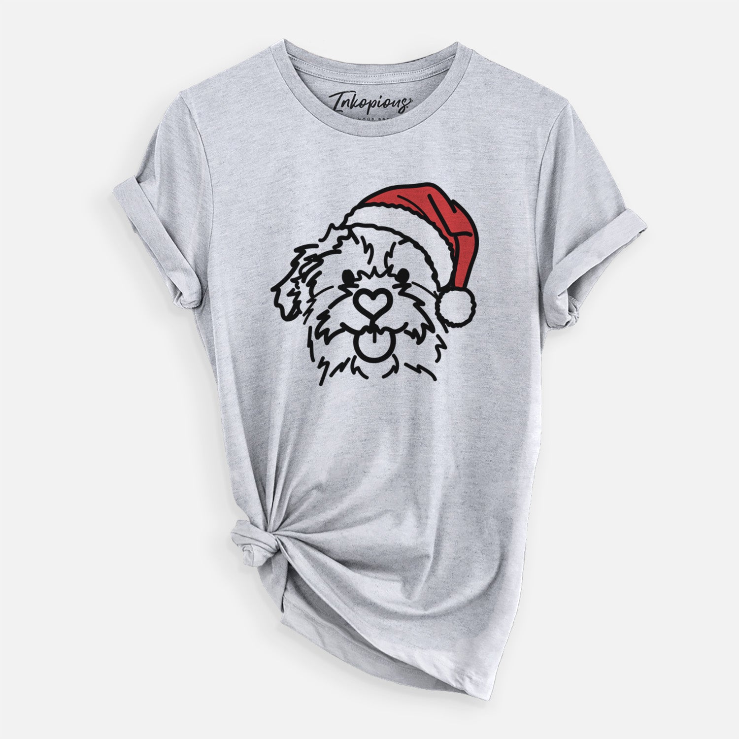 Minimalist line drawing of Bea the Mixed Breed wearing a Santa hat on a Grey Unisex crewneck