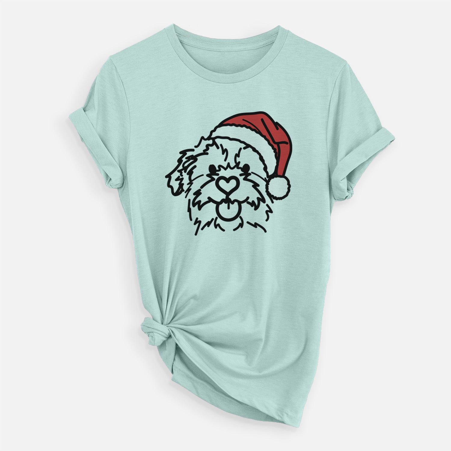 Minimalist line drawing of Bea the Mixed Breed wearing a Santa hat on a Heather Sage Unisex crewneck