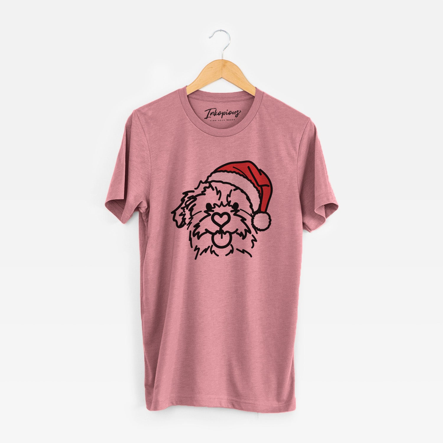 Minimalist line drawing of Bea the Mixed Breed wearing a Santa hat on a Mauve Unisex crewneck
