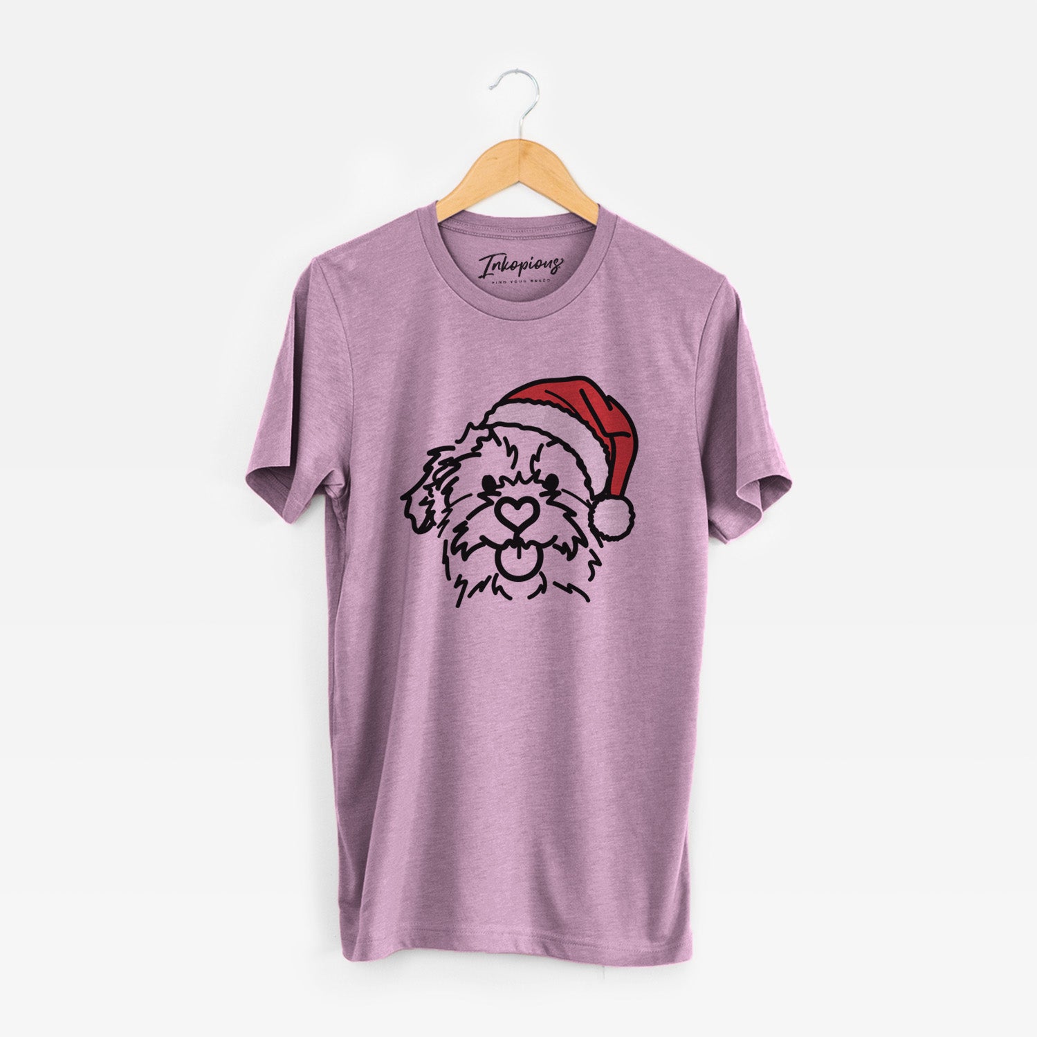 Minimalist line drawing of Bea the Mixed Breed wearing a Santa hat on an Orchid Unisex crewneck