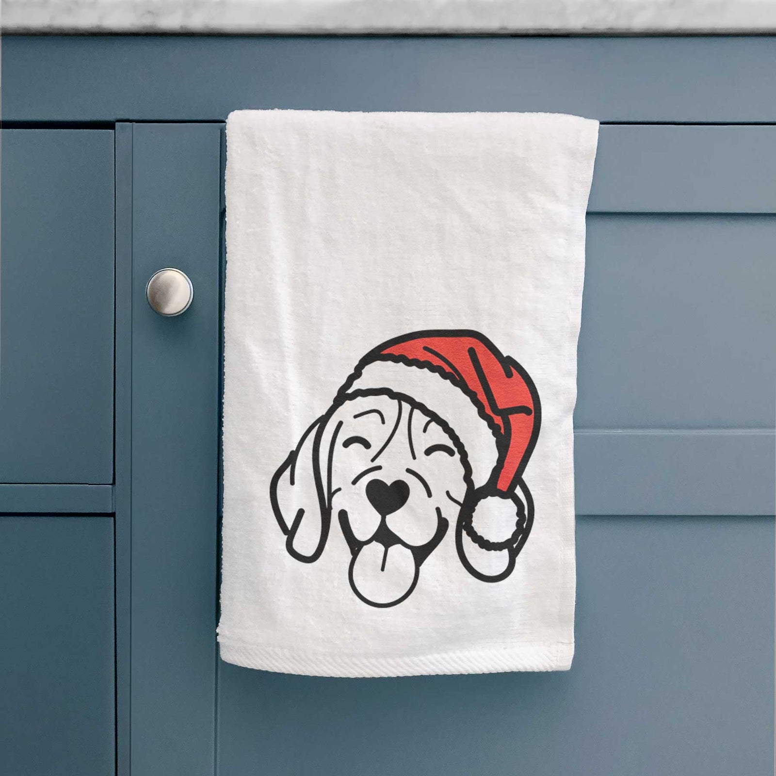 Minimalist line drawing of a Beagle wearing a Santa hat on a decorative hand towel