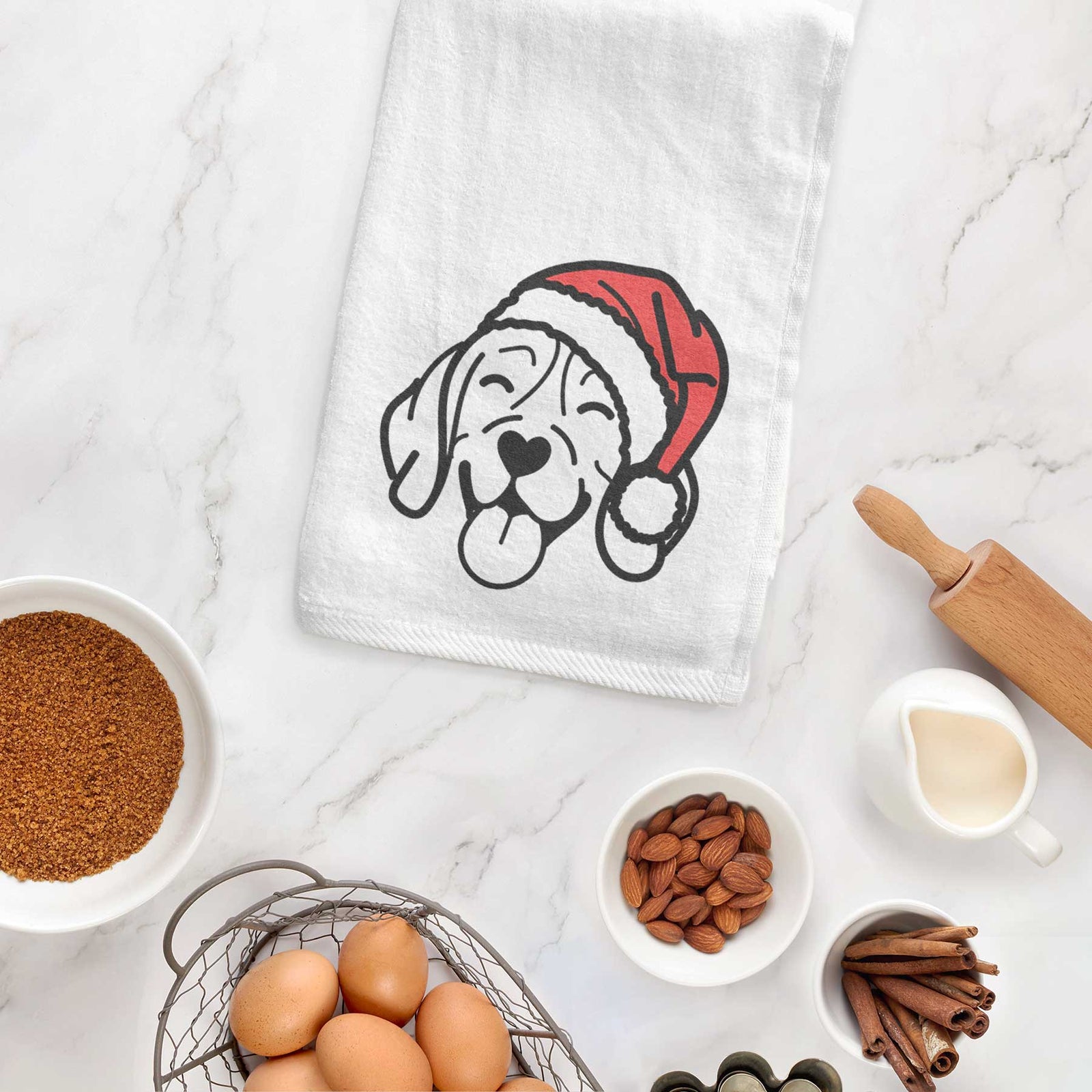 Minimalist line drawing of a Beagle wearing a Santa hat on a decorative hand towel