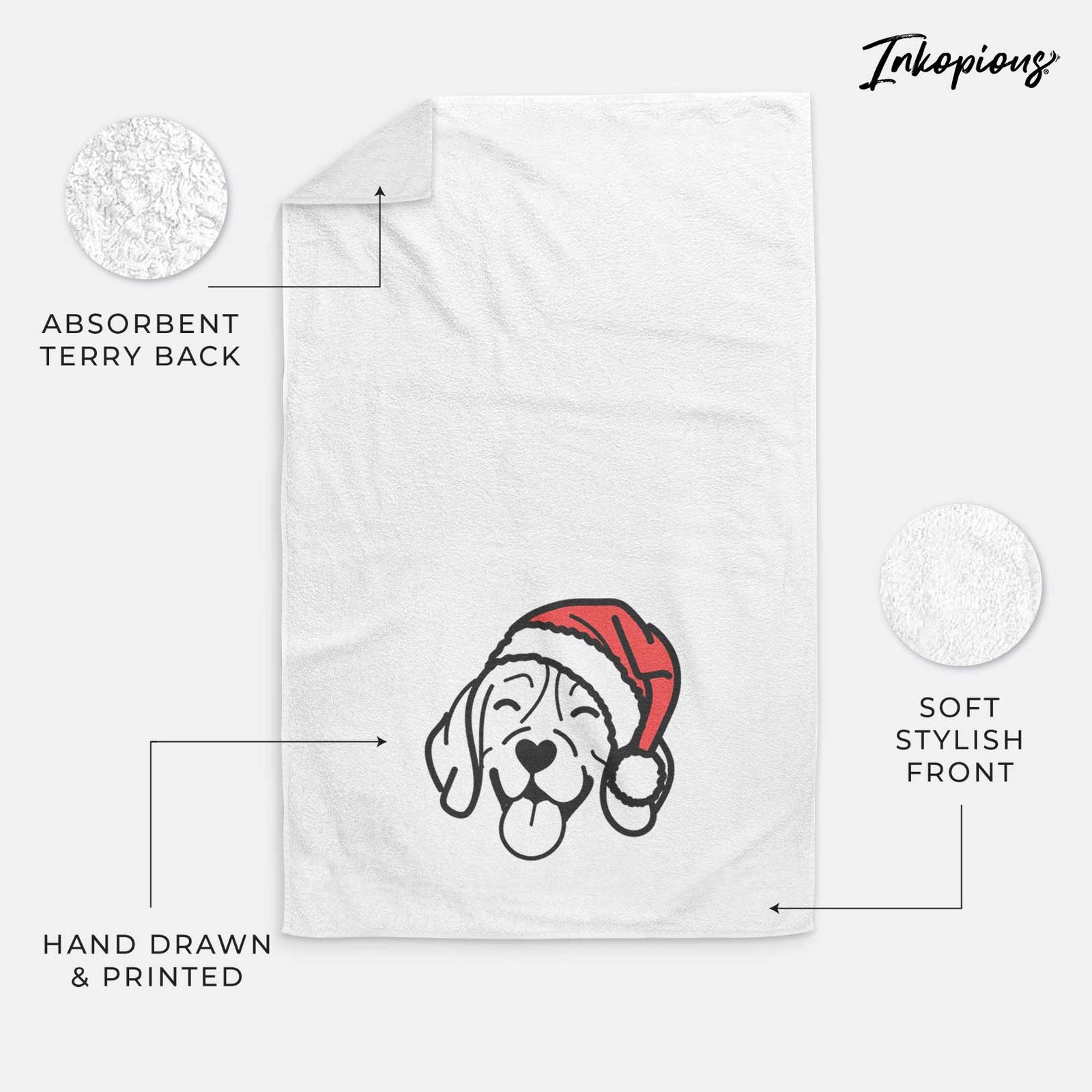 Minimalist line drawing of a Beagle wearing a Santa hat on a decorative hand towel
