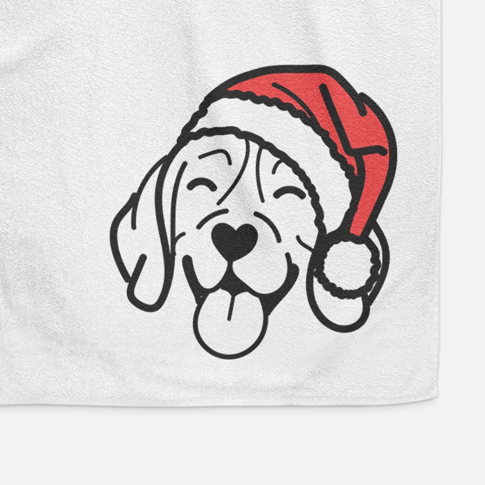 Minimalist line drawing of a Beagle wearing a Santa hat on a decorative hand towel