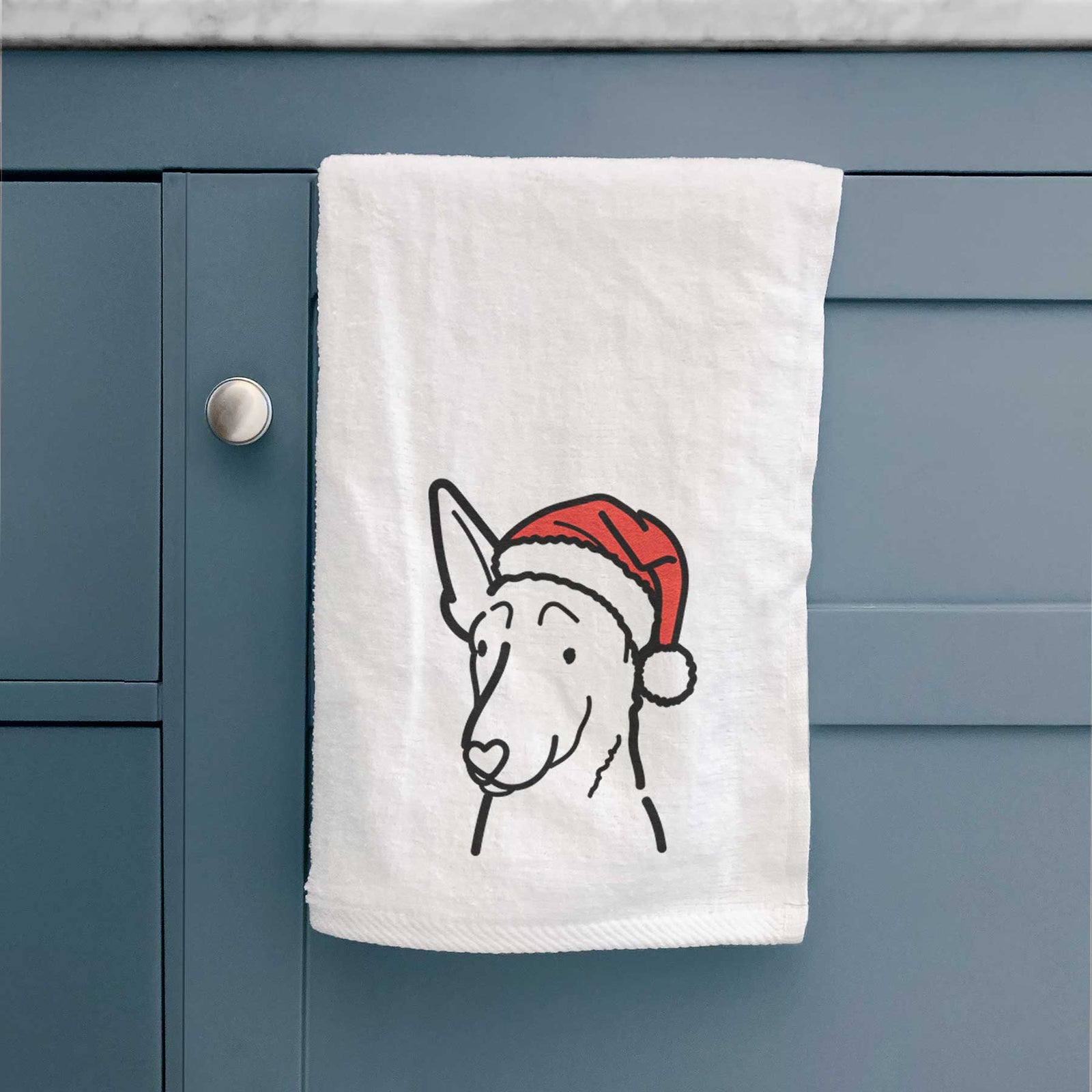 Minimalist line drawing of a Belgian Malinois wearing a Santa hat on a decorative hand towel
