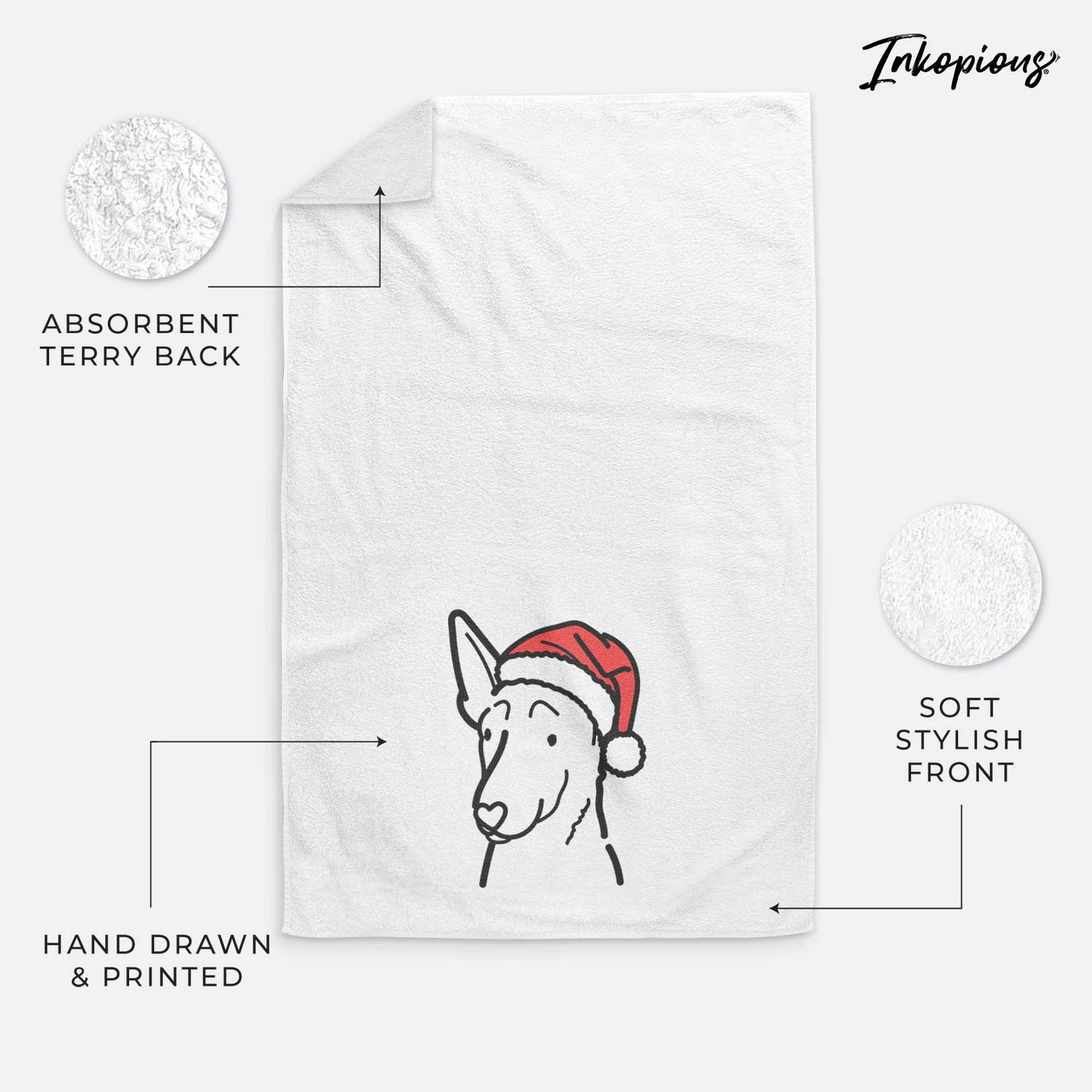 Minimalist line drawing of a Belgian Malinois wearing a Santa hat on a decorative hand towel