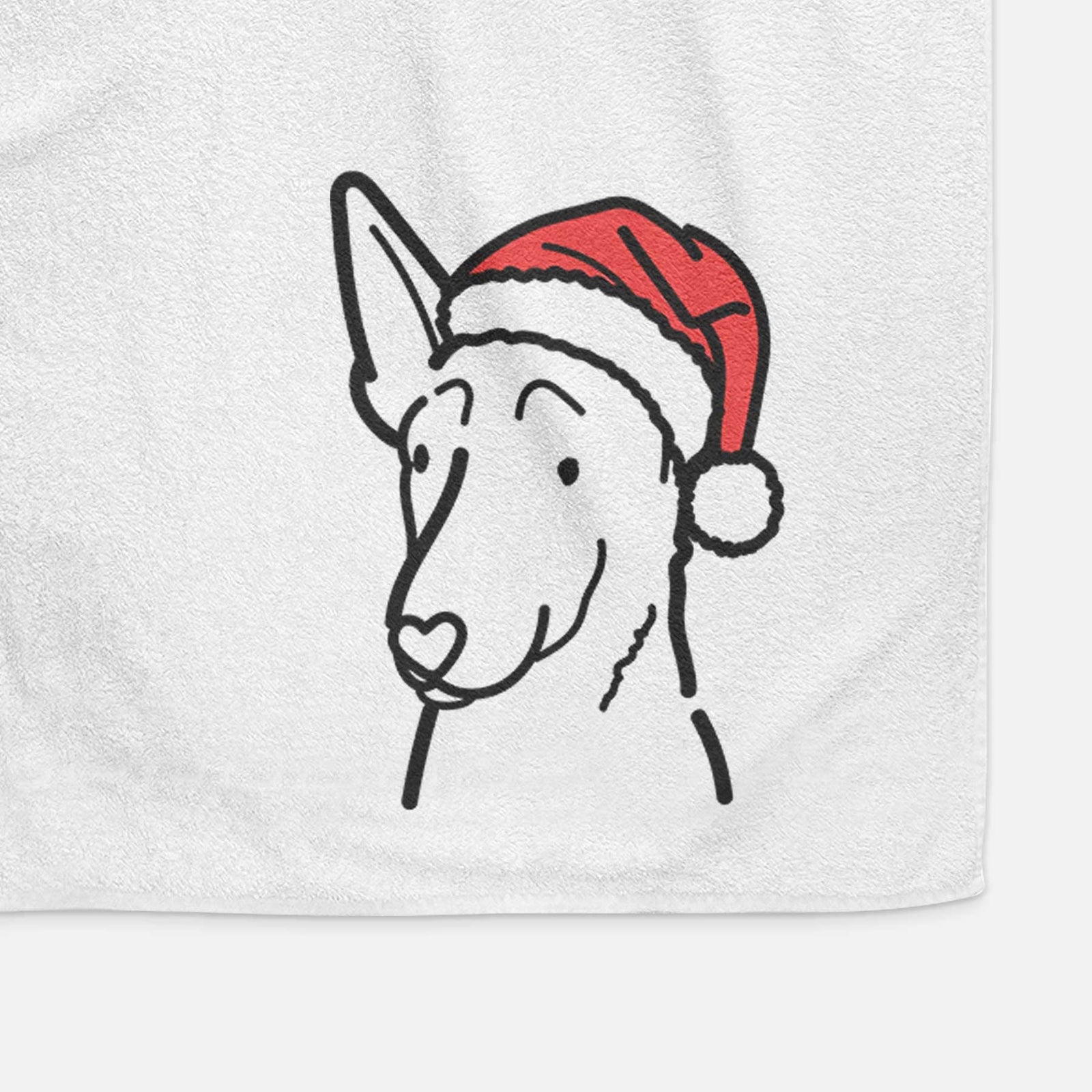 Minimalist line drawing of a Belgian Malinois wearing a Santa hat on a decorative hand towel