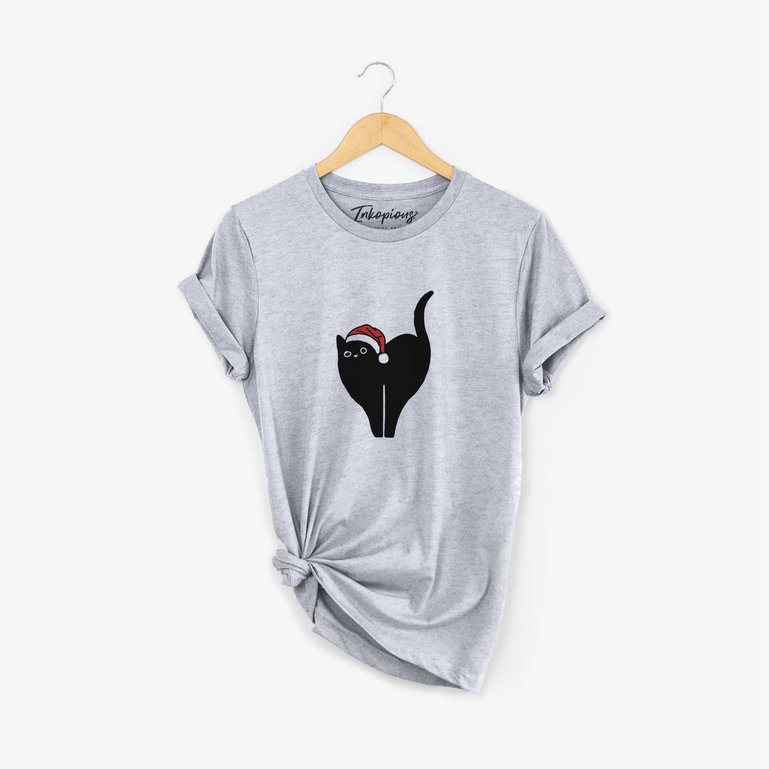 Minimalist line drawing of Bella the Black Cat wearing a Santa hat on a Grey Unisex crewneck