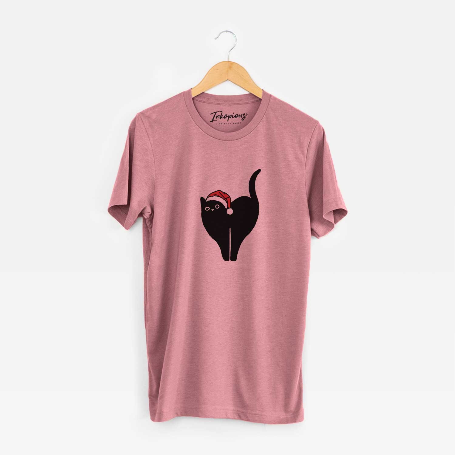 Minimalist line drawing of Bella the Black Cat wearing a Santa hat on a Mauve Unisex crewneck