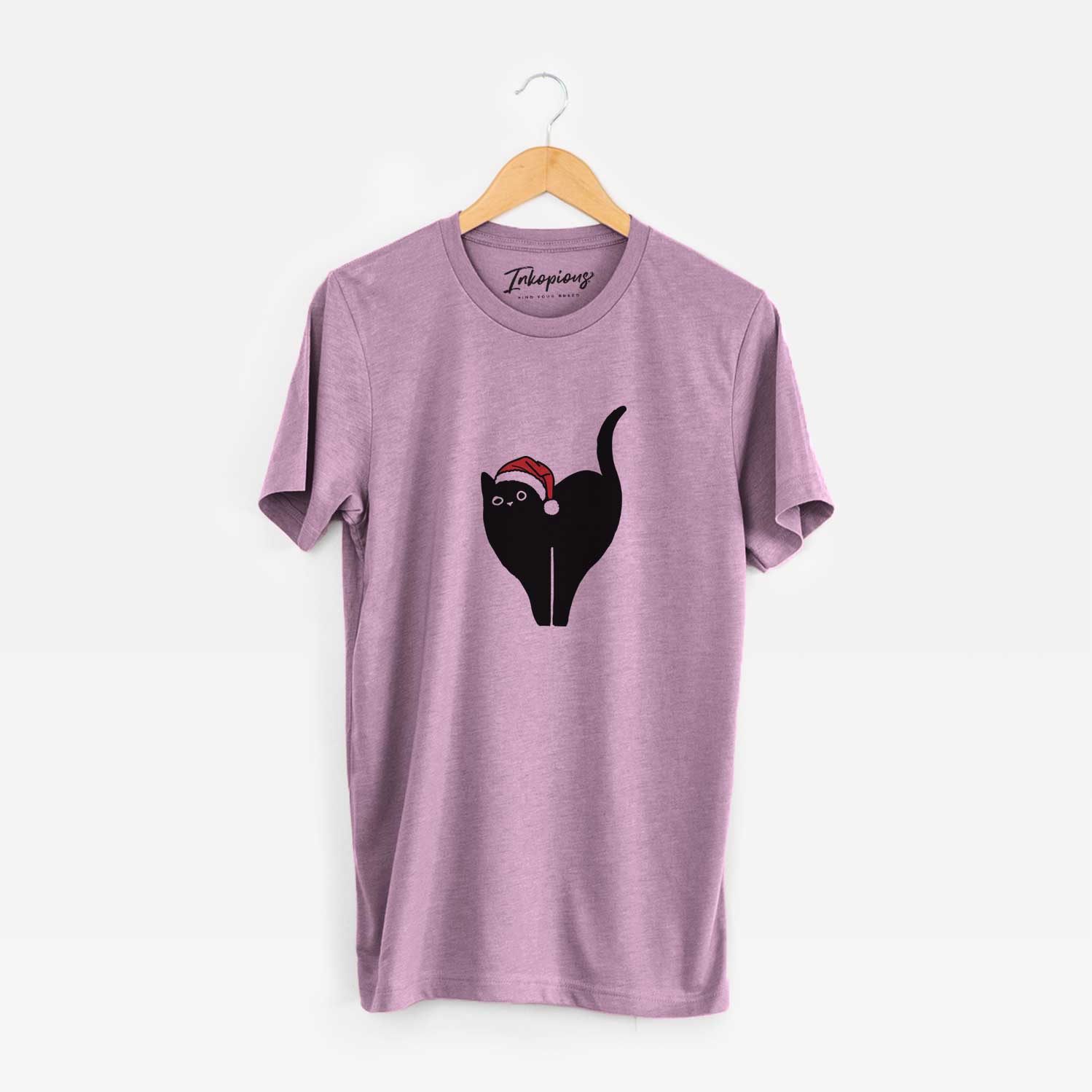 Minimalist line drawing of Bella the Black Cat wearing a Santa hat on an Orchid Unisex crewneck