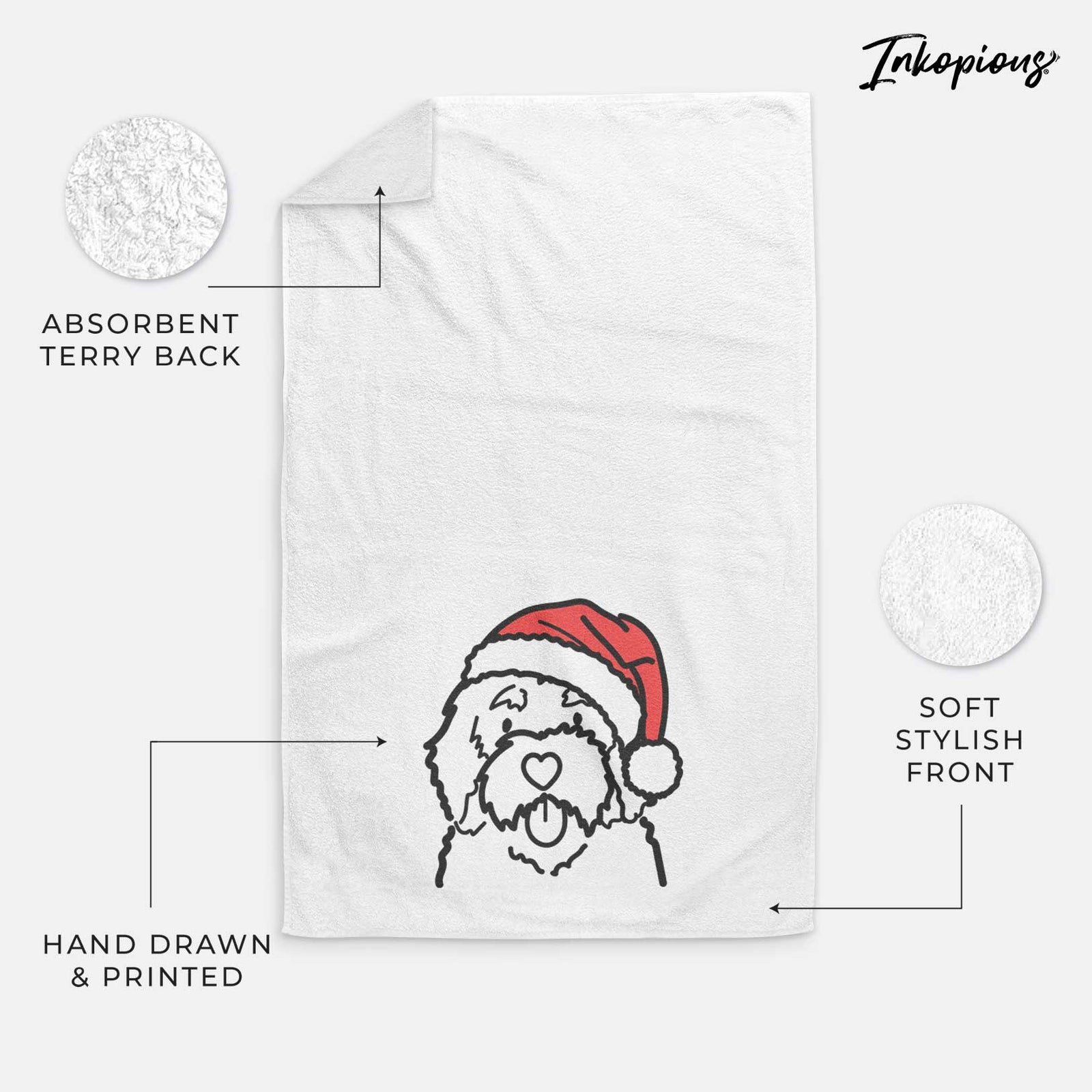 Minimalist line drawing of a Bernedoodle wearing a Santa hat on a decorative hand towel