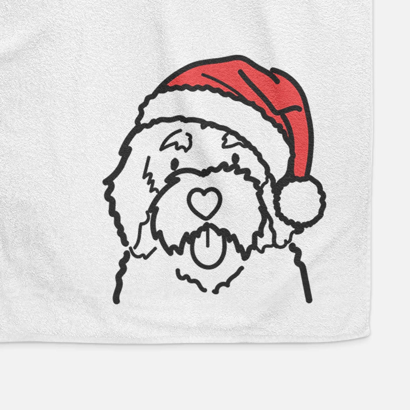 Minimalist line drawing of a Bernedoodle wearing a Santa hat on a decorative hand towel