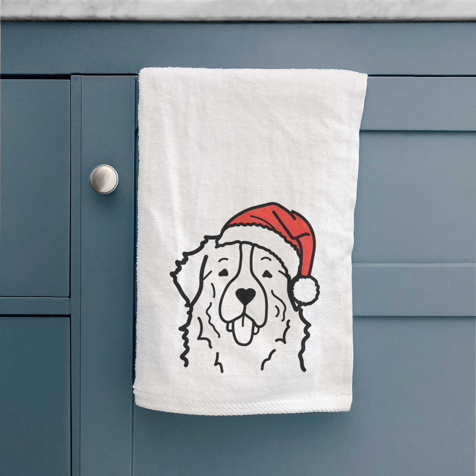 Minimalist line drawing of a Bernese Mountain Dog wearing a Santa hat on a decorative hand towel