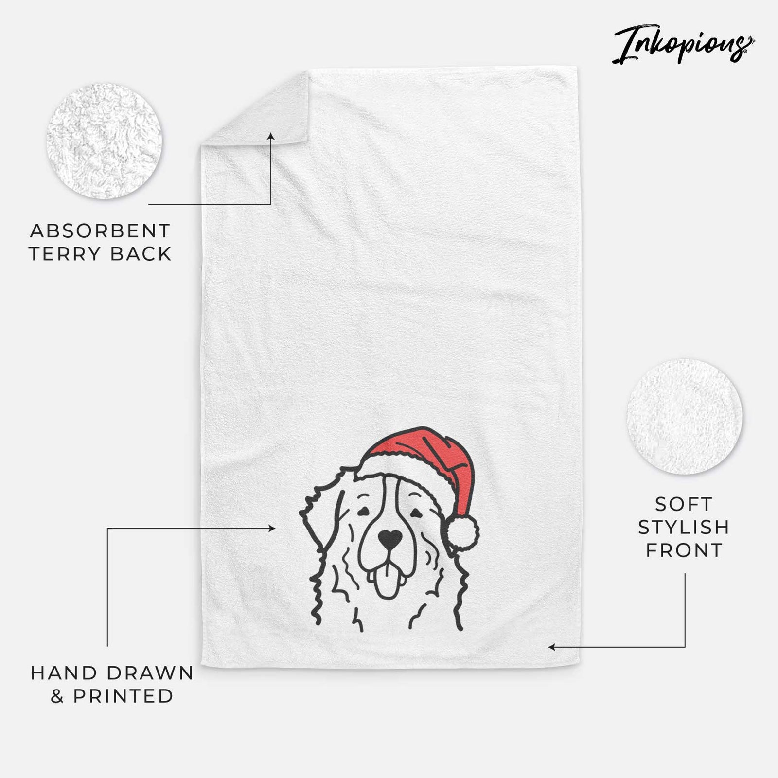 Minimalist line drawing of a Bernese Mountain Dog wearing a Santa hat on a decorative hand towel