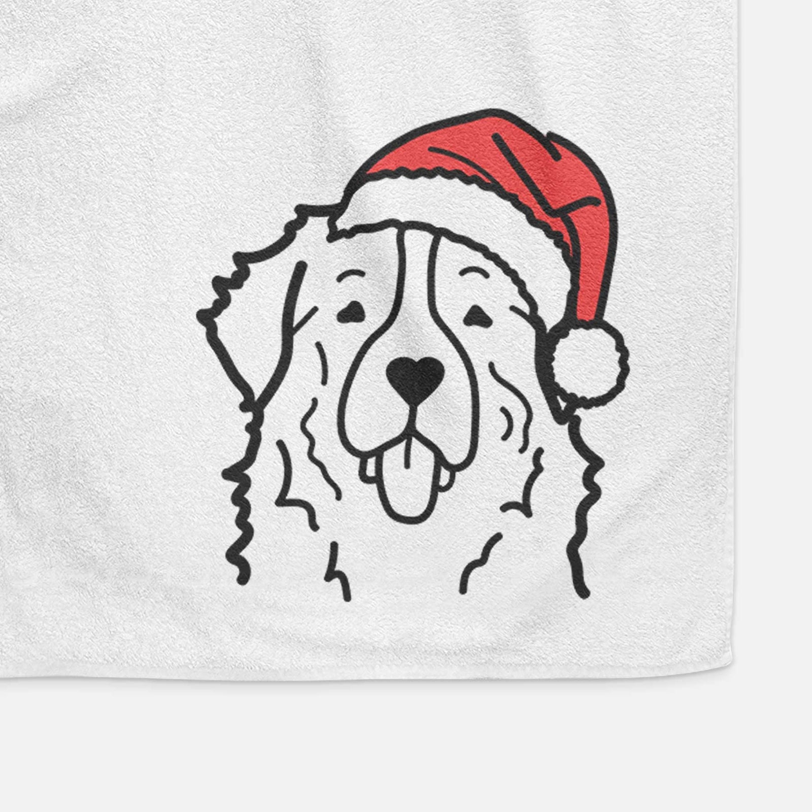 Minimalist line drawing of a Bernese Mountain Dog wearing a Santa hat on a decorative hand towel