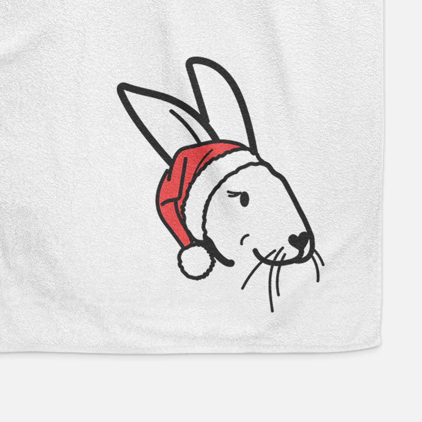 Minimalist line drawing of Betsy the Rex Rabbit wearing a Santa hat on a decorative hand towel