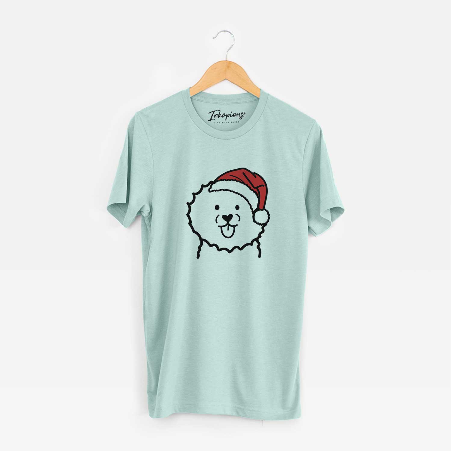 Minimalist line drawing of a Bichon Frise wearing a Santa hat on a Heather Sage Unisex crewneck