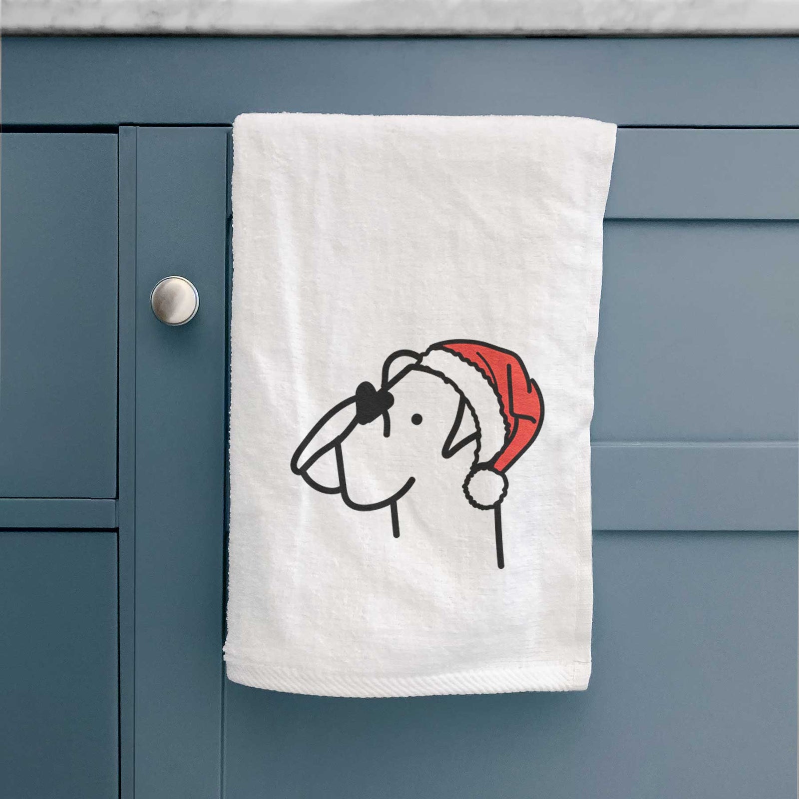 Minimalist line drawing of a Boxer wearing a Santa hat on a decorative hand towel