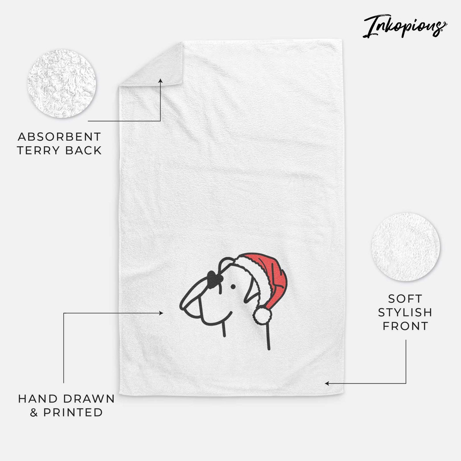Minimalist line drawing of a Boxer wearing a Santa hat on a decorative hand towel