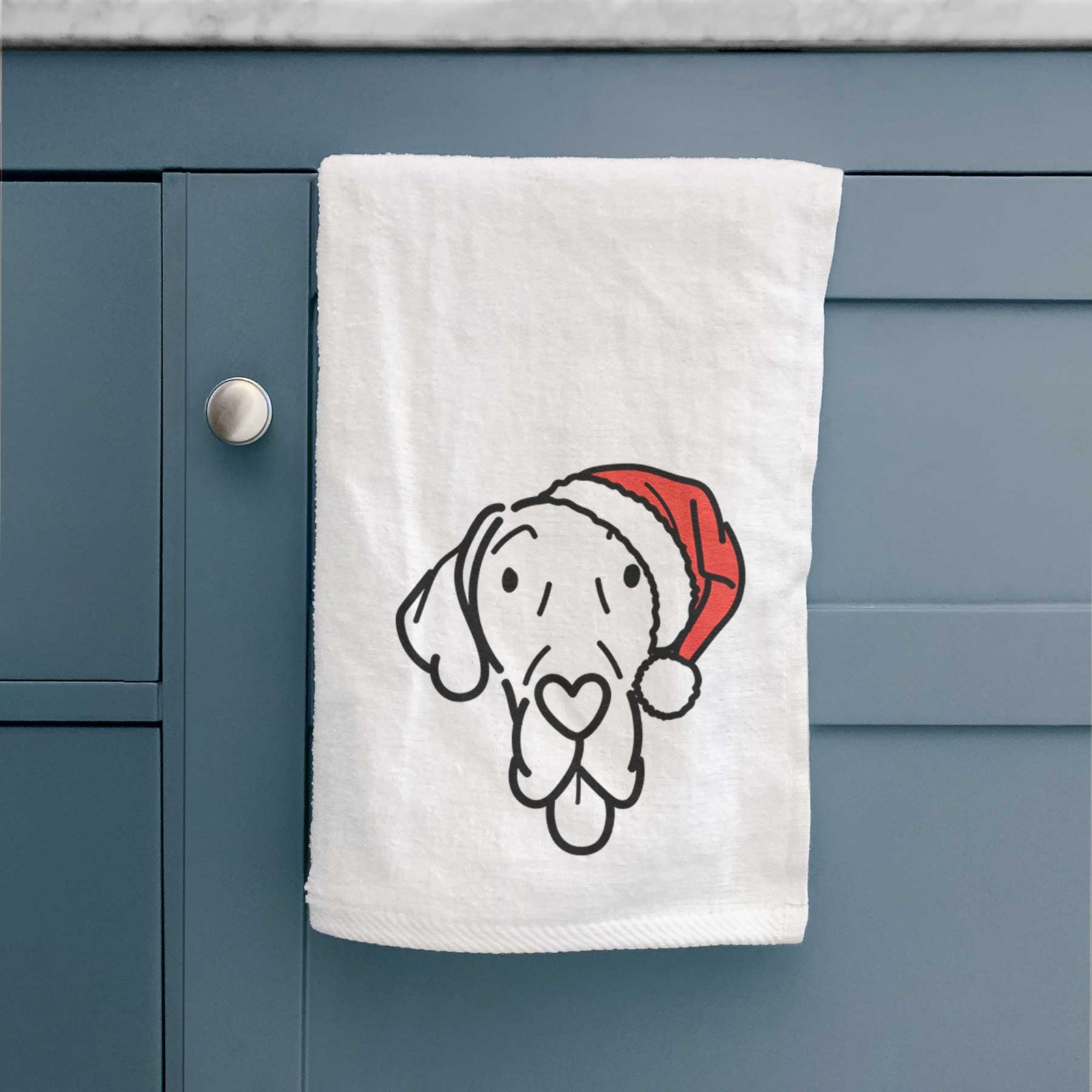 Minimalist line drawing of Bruce the Great Dane wearing a Santa hat on a decorative hand towel