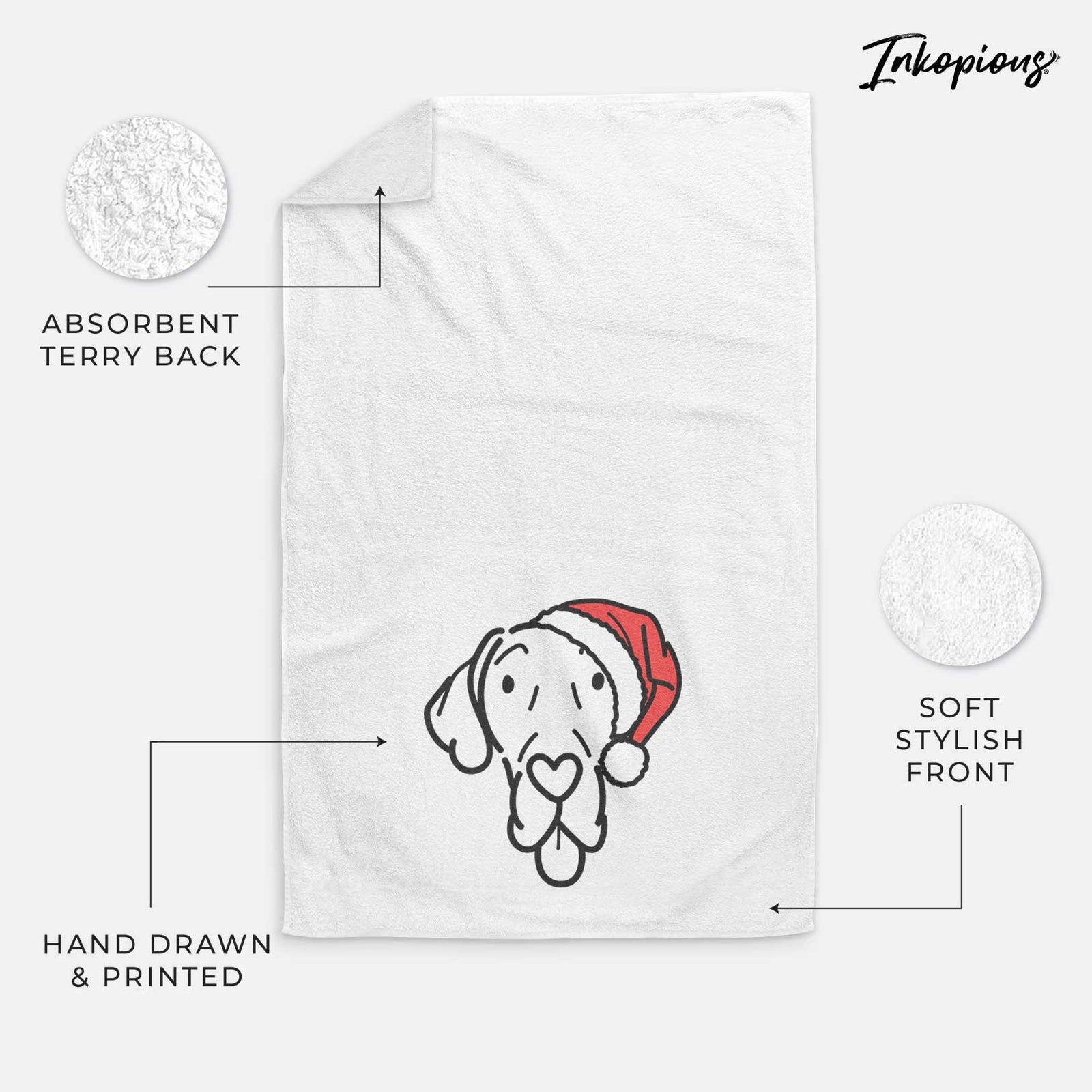 Minimalist line drawing of Bruce the Great Dane wearing a Santa hat on a decorative hand towel