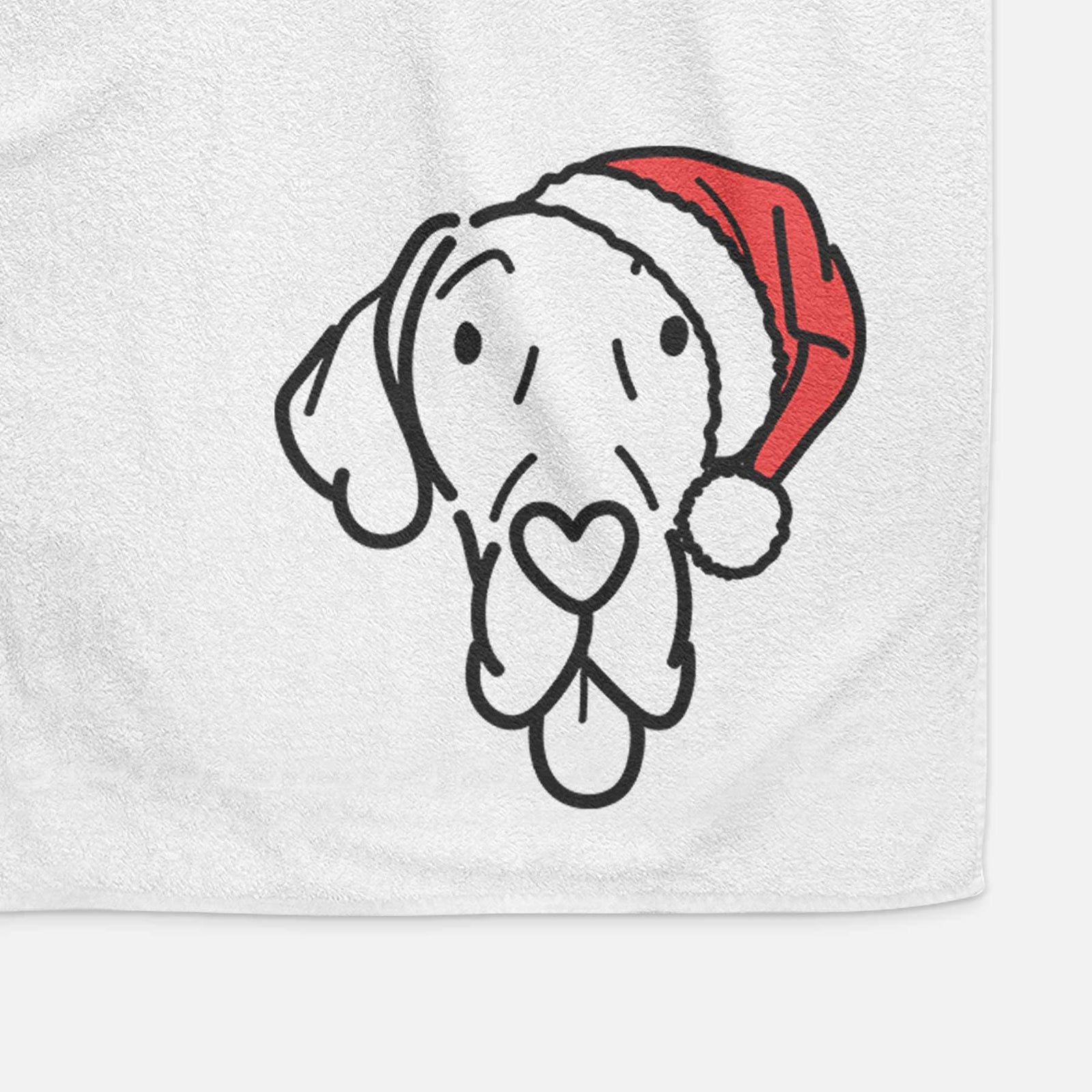 Minimalist line drawing of Bruce the Great Dane wearing a Santa hat on a decorative hand towel