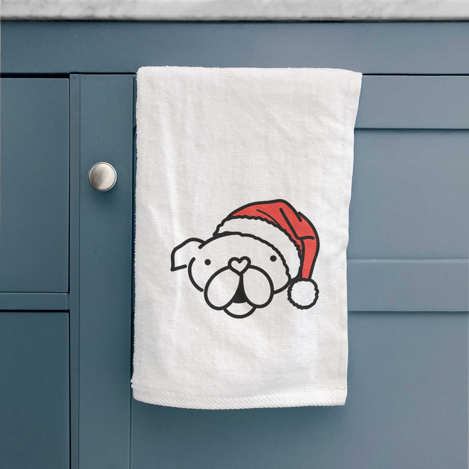 Minimalist line drawing of an English Bulldog wearing a Santa hat on a decorative hand towel