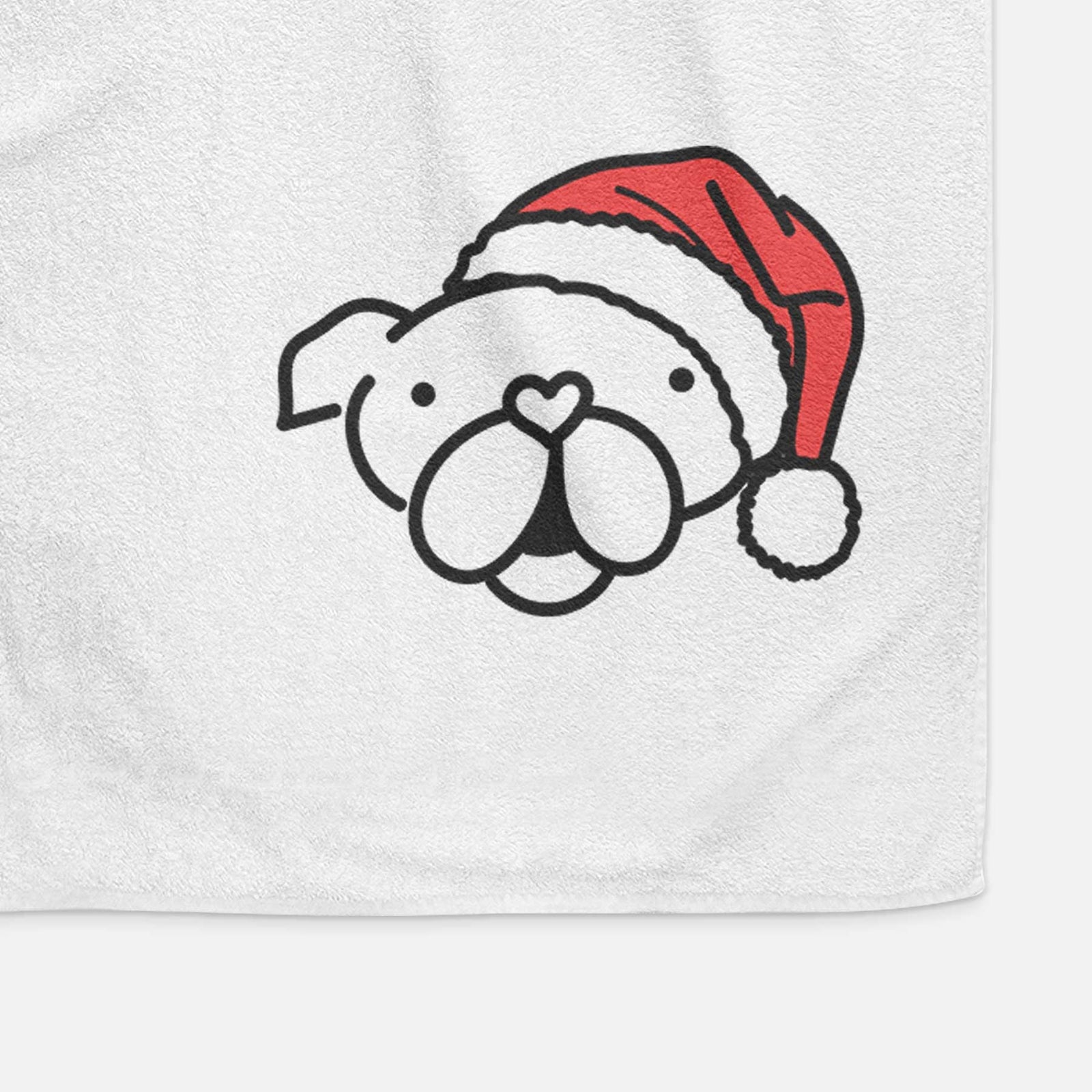 Minimalist line drawing of an English Bulldog wearing a Santa hat on a decorative hand towel