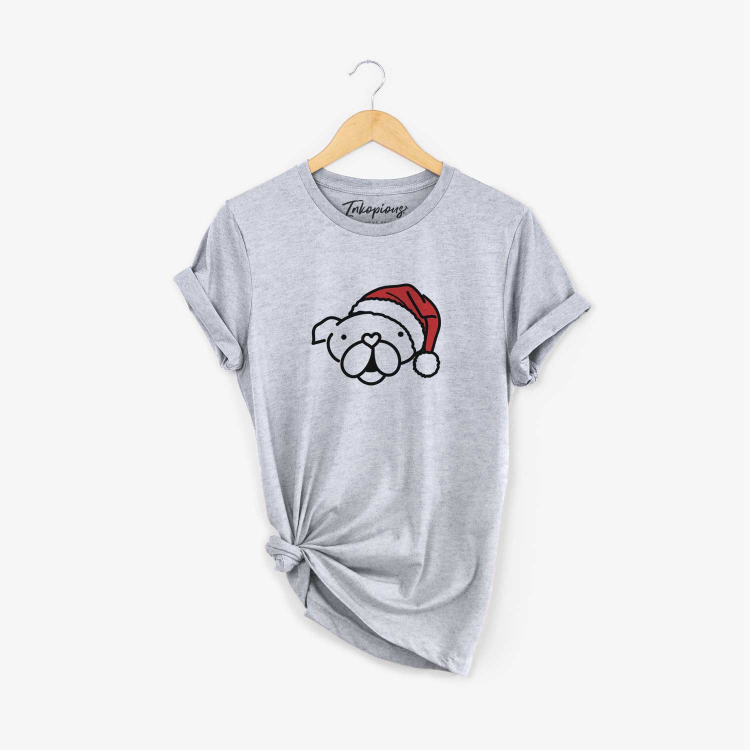 Minimalist line drawing of an English Bulldog wearing a Santa hat on a Grey Unisex crewneck