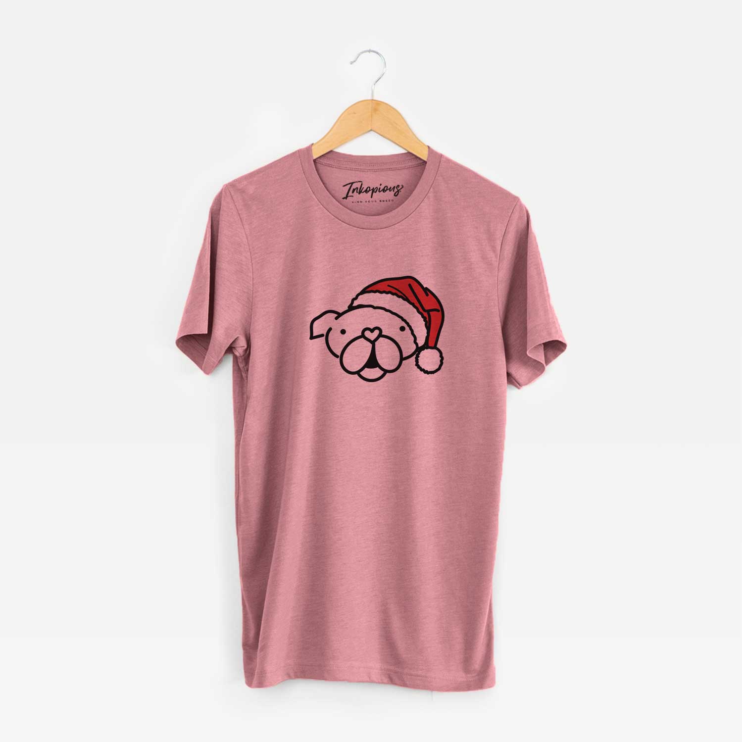 Minimalist line drawing of an English Bulldog wearing a Santa hat on a Mauve Unisex crewneck