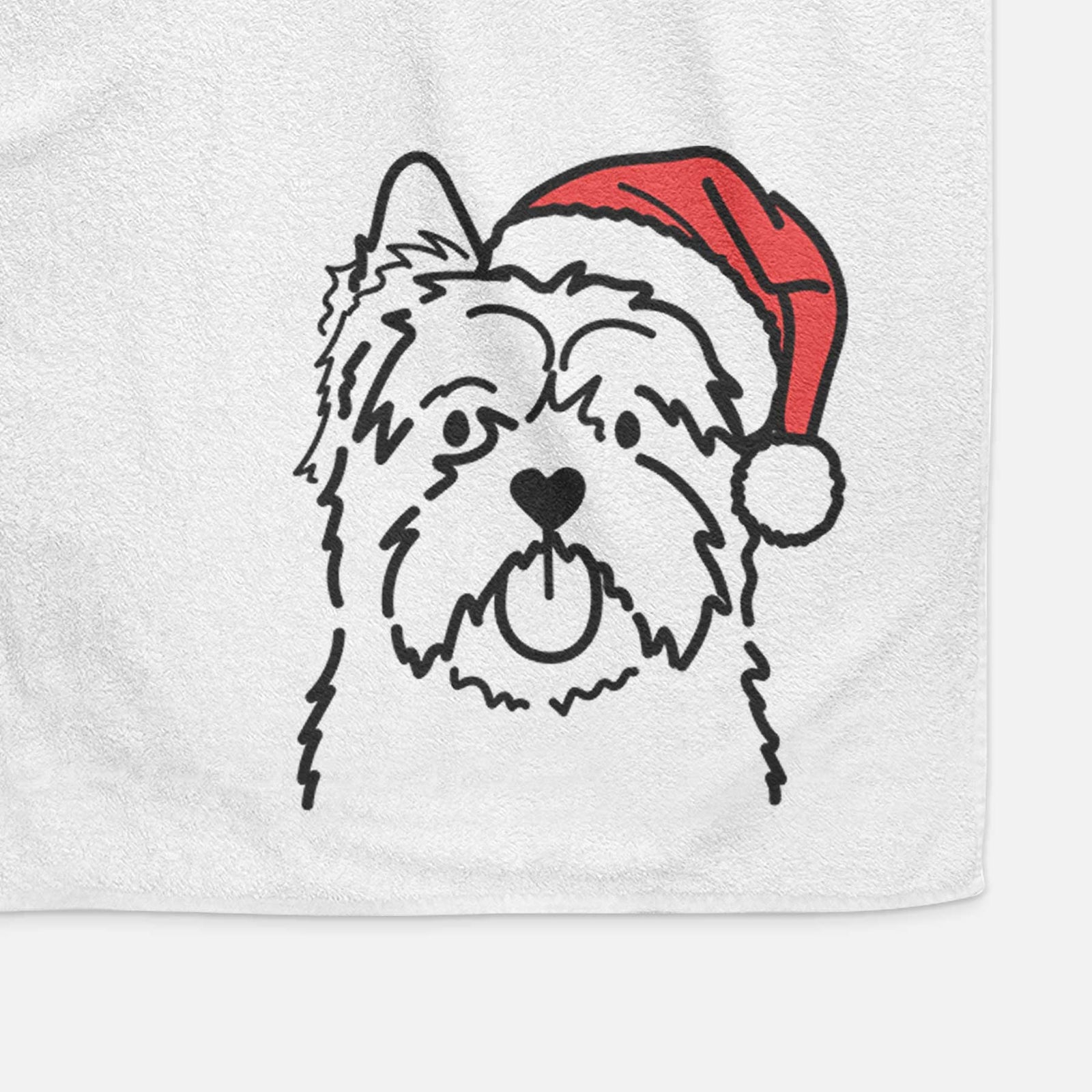 Minimalist line drawing of a Cairn Terrier wearing a Santa hat on a decorative hand towel