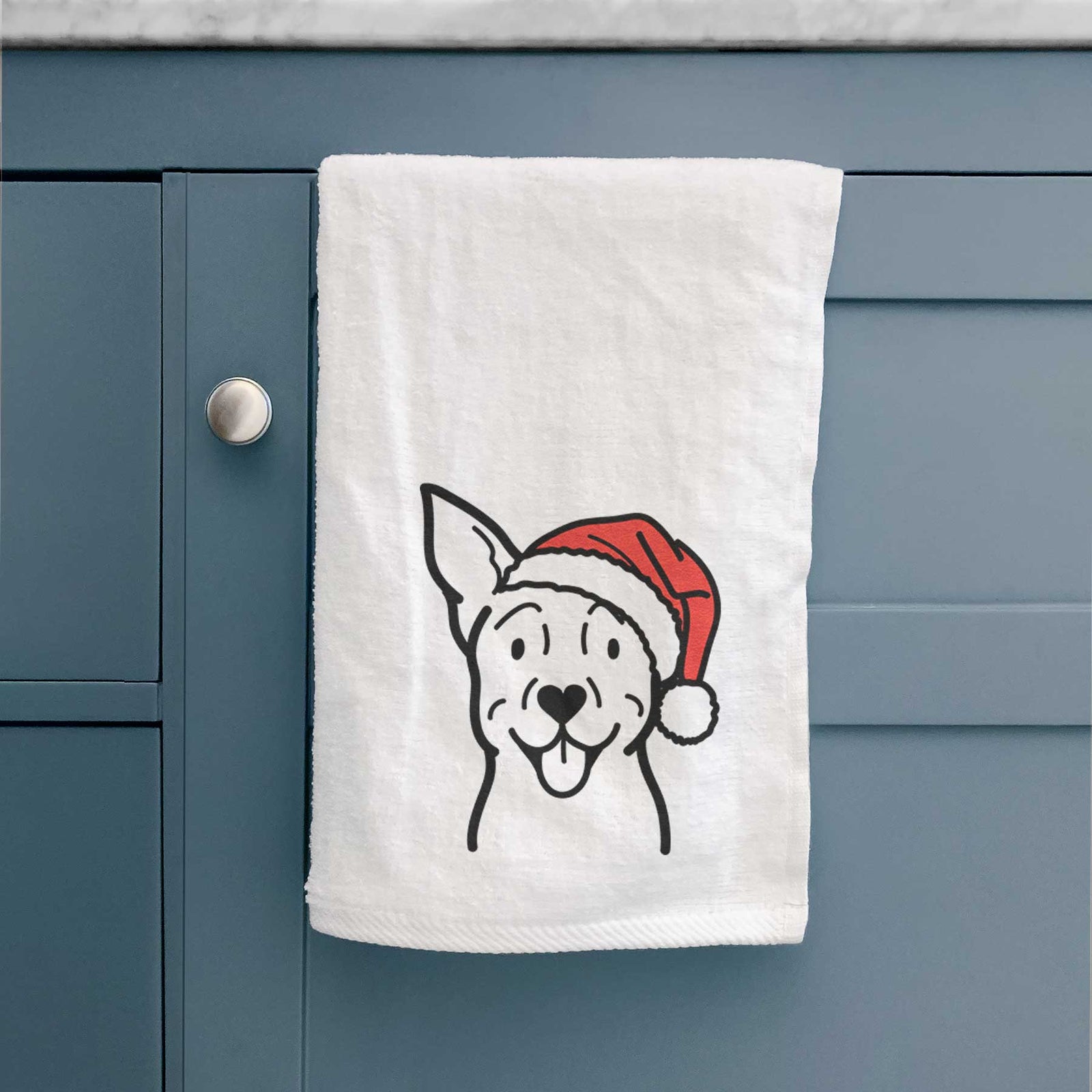 Minimalist line drawing of a Carolina Dog wearing a Santa hat on a decorative hand towel