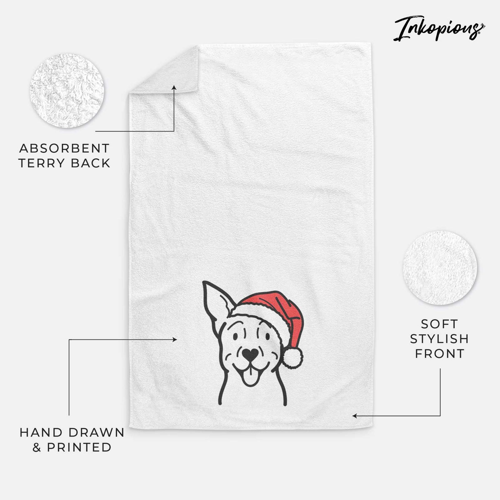 Minimalist line drawing of a Carolina Dog wearing a Santa hat on a decorative hand towel