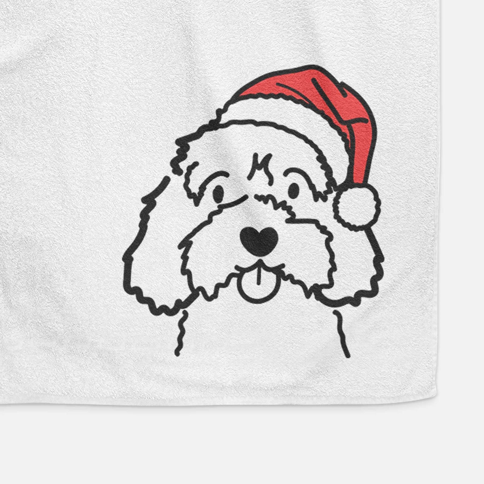 Minimalist line drawing of a Cavapoo wearing a Santa hat on a decorative hand towel