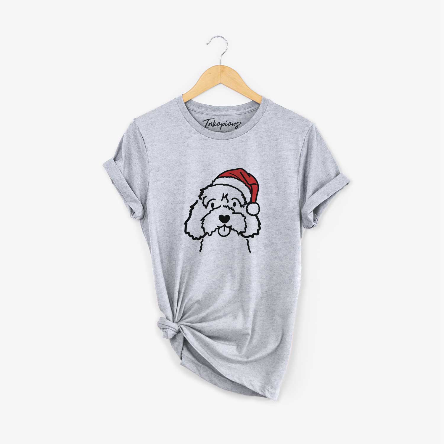 Minimalist line drawing of a Cavapoo wearing a Santa hat on a Grey Unisex crewneck