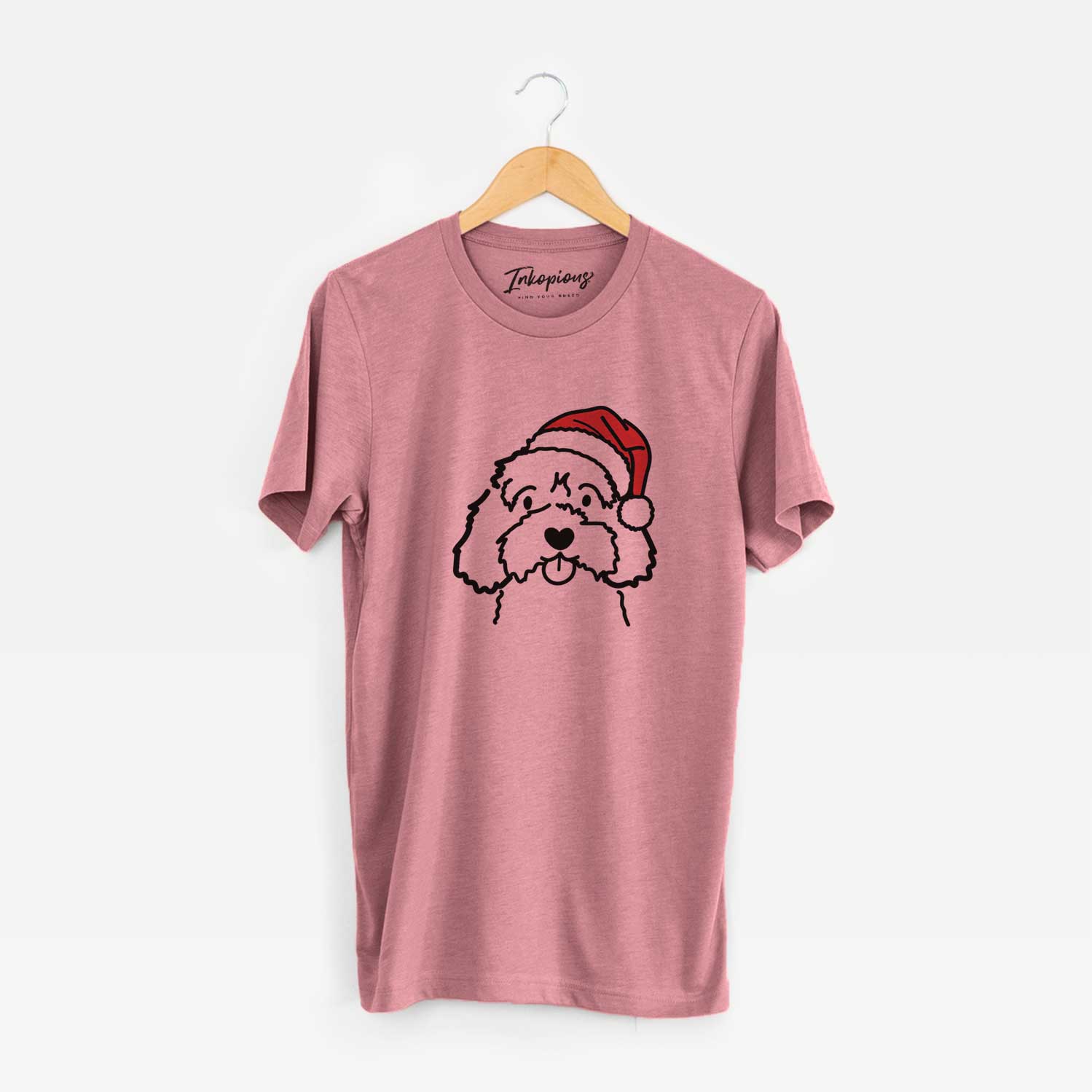 Minimalist line drawing of a Cavapoo wearing a Santa hat on a Mauve Unisex crewneck