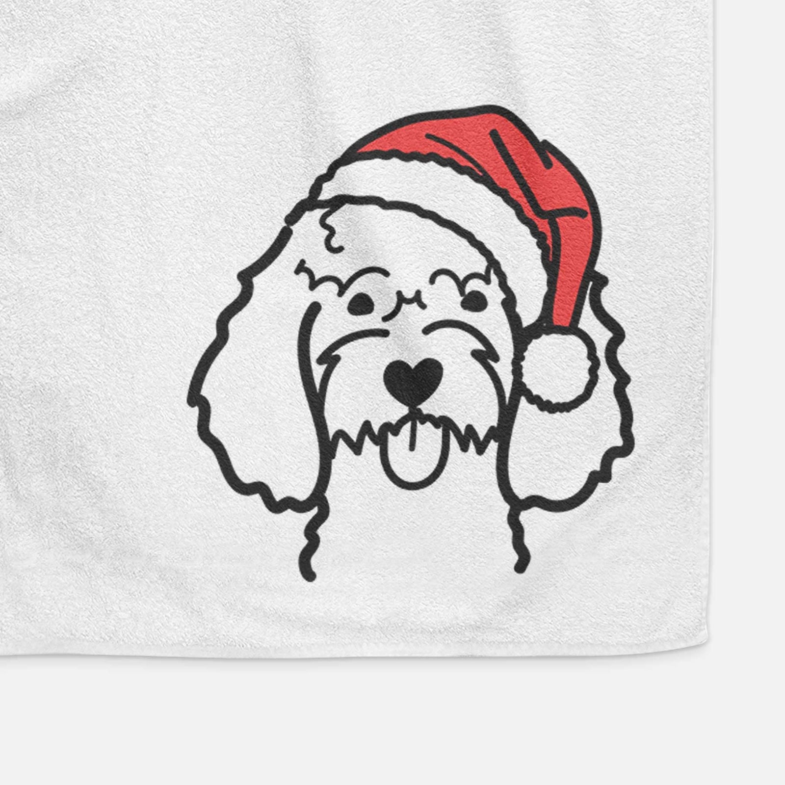 Minimalist line drawing of a Cockapoo wearing a Santa hat on a decorative hand towel