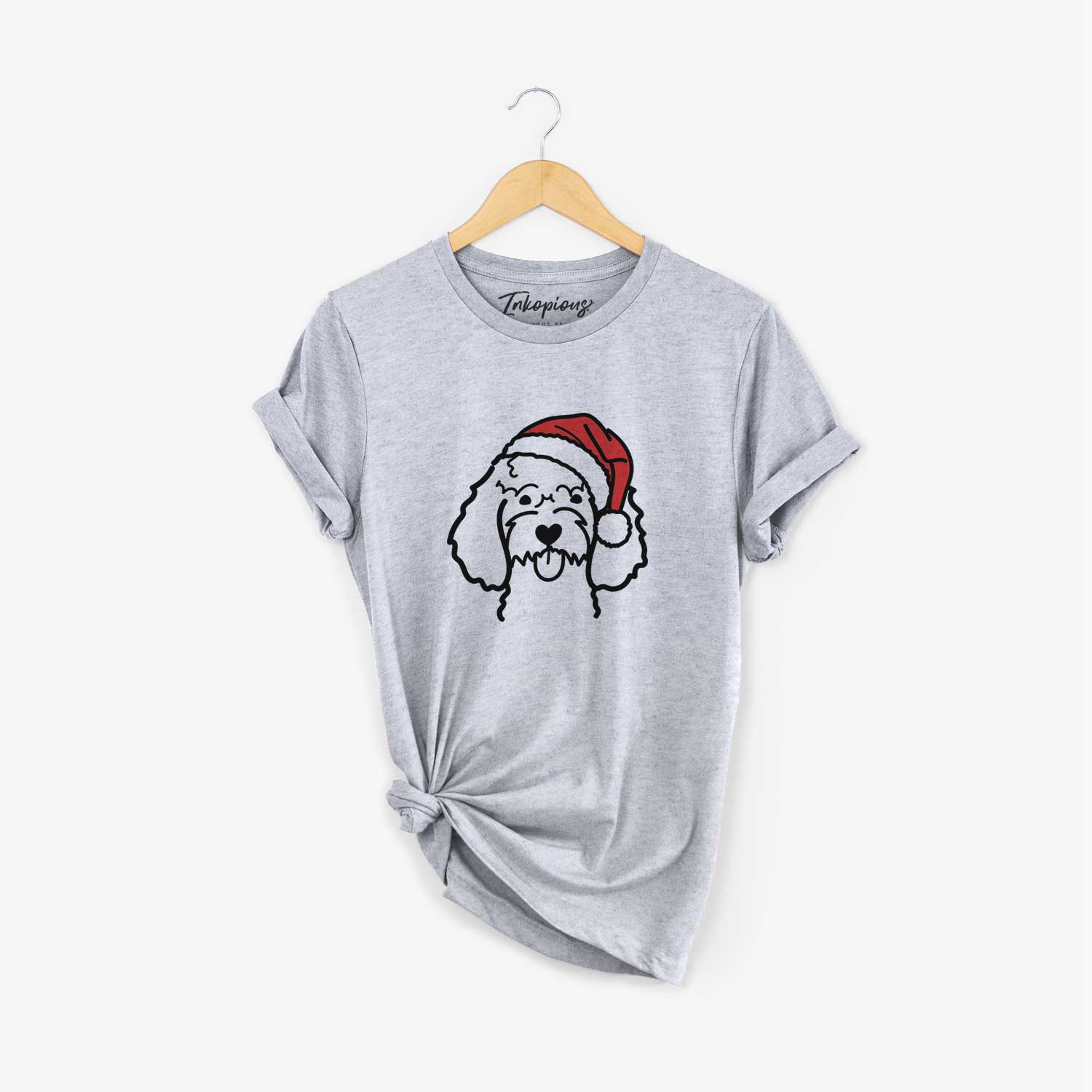 Minimalist line drawing of a Cockapoo wearing a Santa hat on a Grey Unisex crewneck