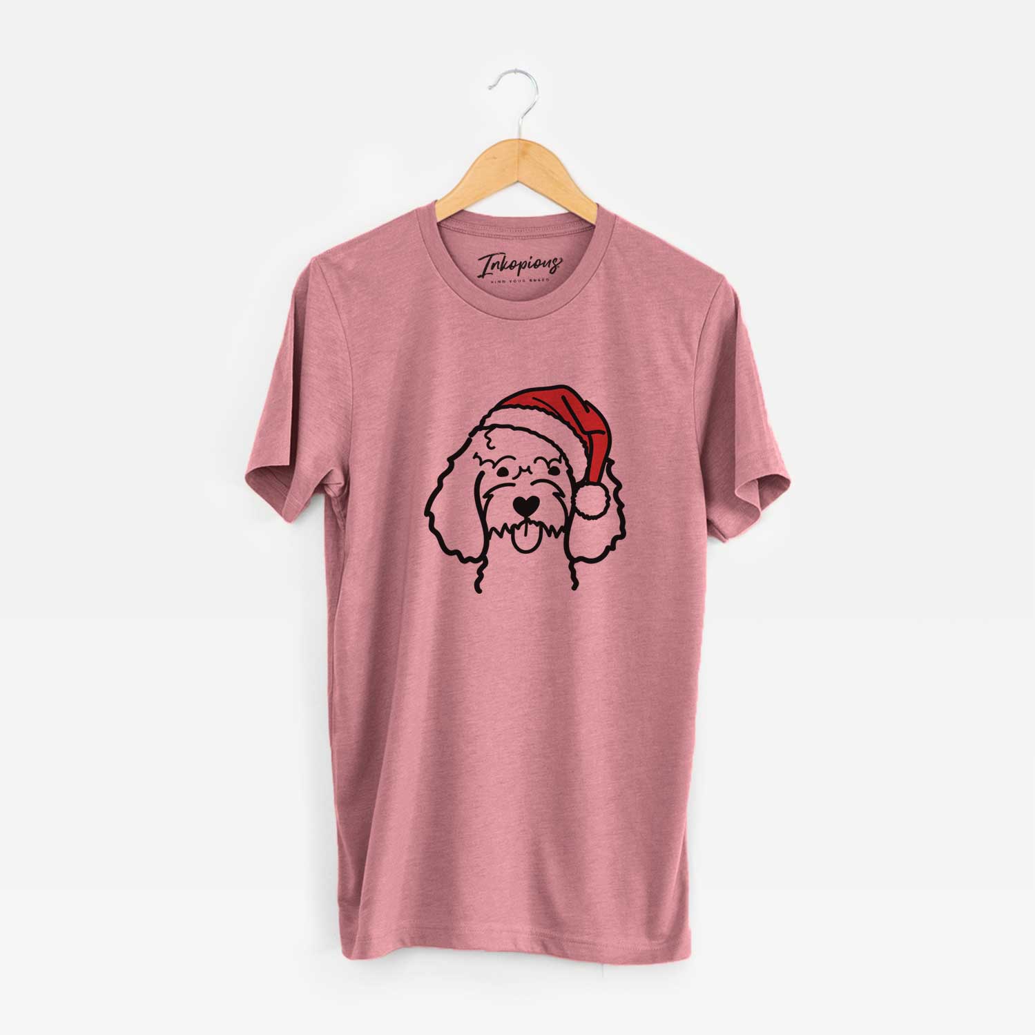 Minimalist line drawing of a Cockapoo wearing a Santa hat on a Mauve Unisex crewneck