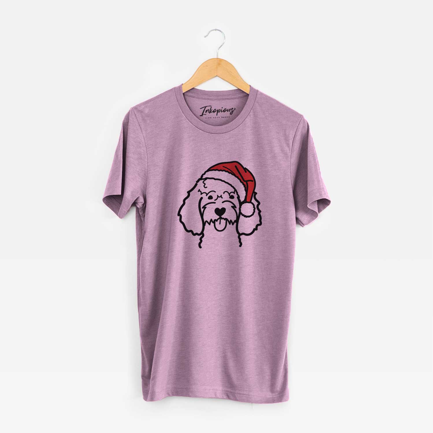 Minimalist line drawing of a Cockapoo wearing a Santa hat on an Orchid Unisex crewneck
