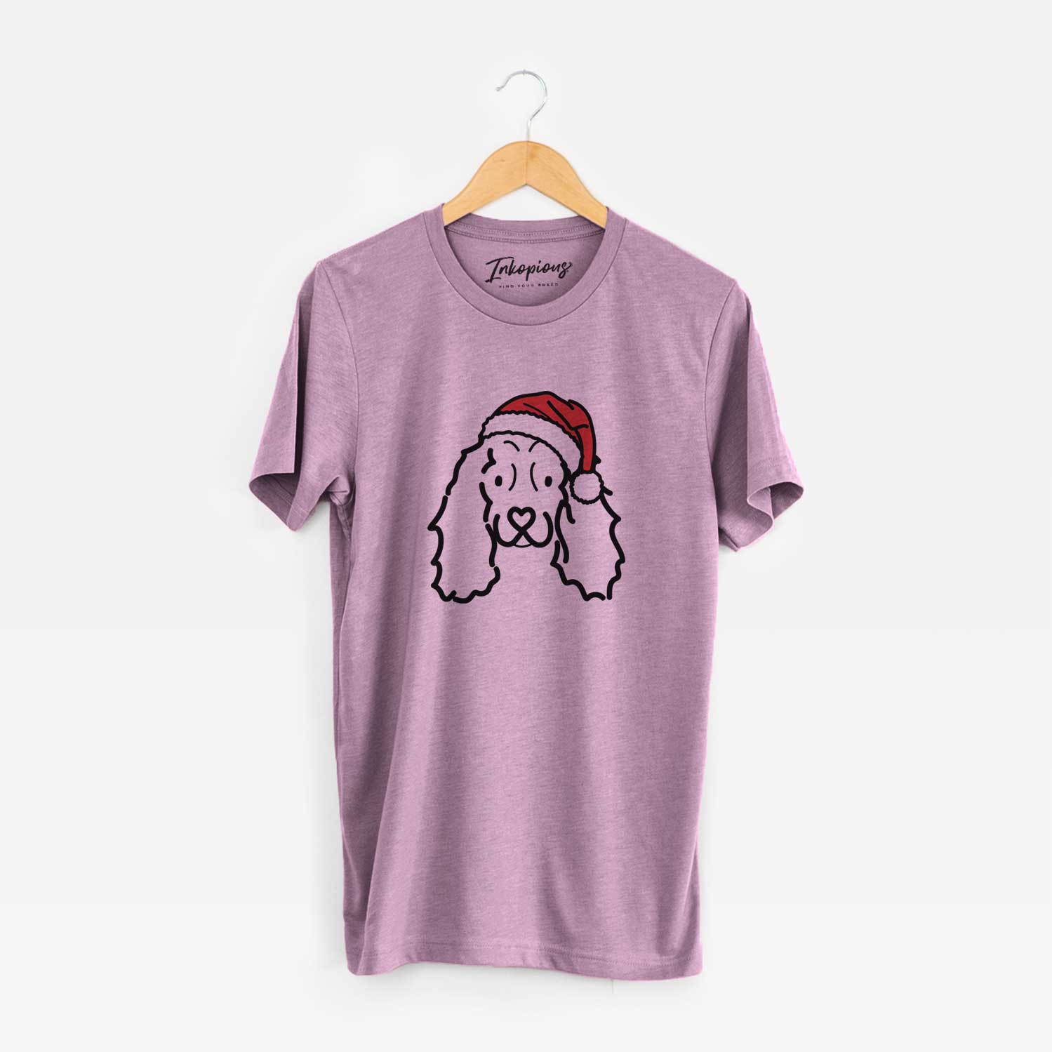 Minimalist line drawing of an American Cocker Spaniel wearing a Santa hat on an Orchid Unisex crewneck