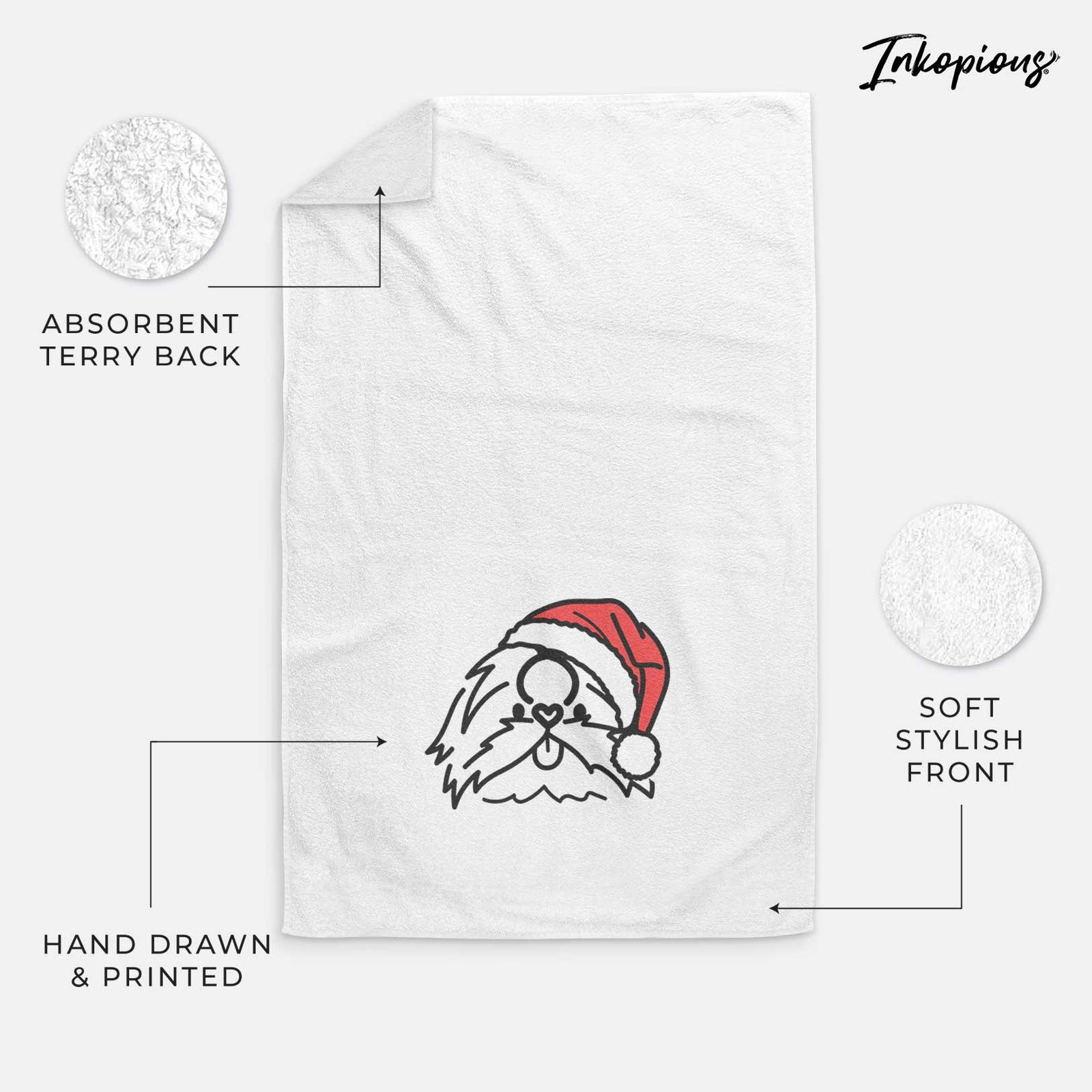 Minimalist line drawing of CoCo the Shih Tzu wearing a Santa hat on a decorative hand towel