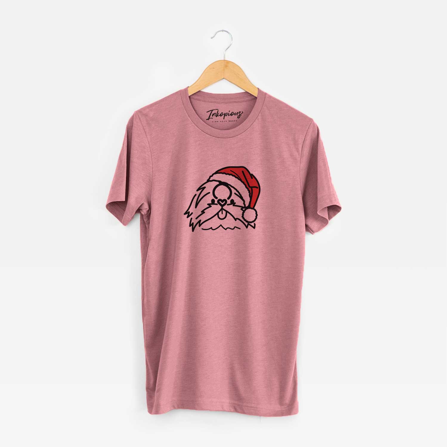Minimalist line drawing of CoCo the Shih Tzu wearing a Santa hat on a Mauve Unisex crewneck