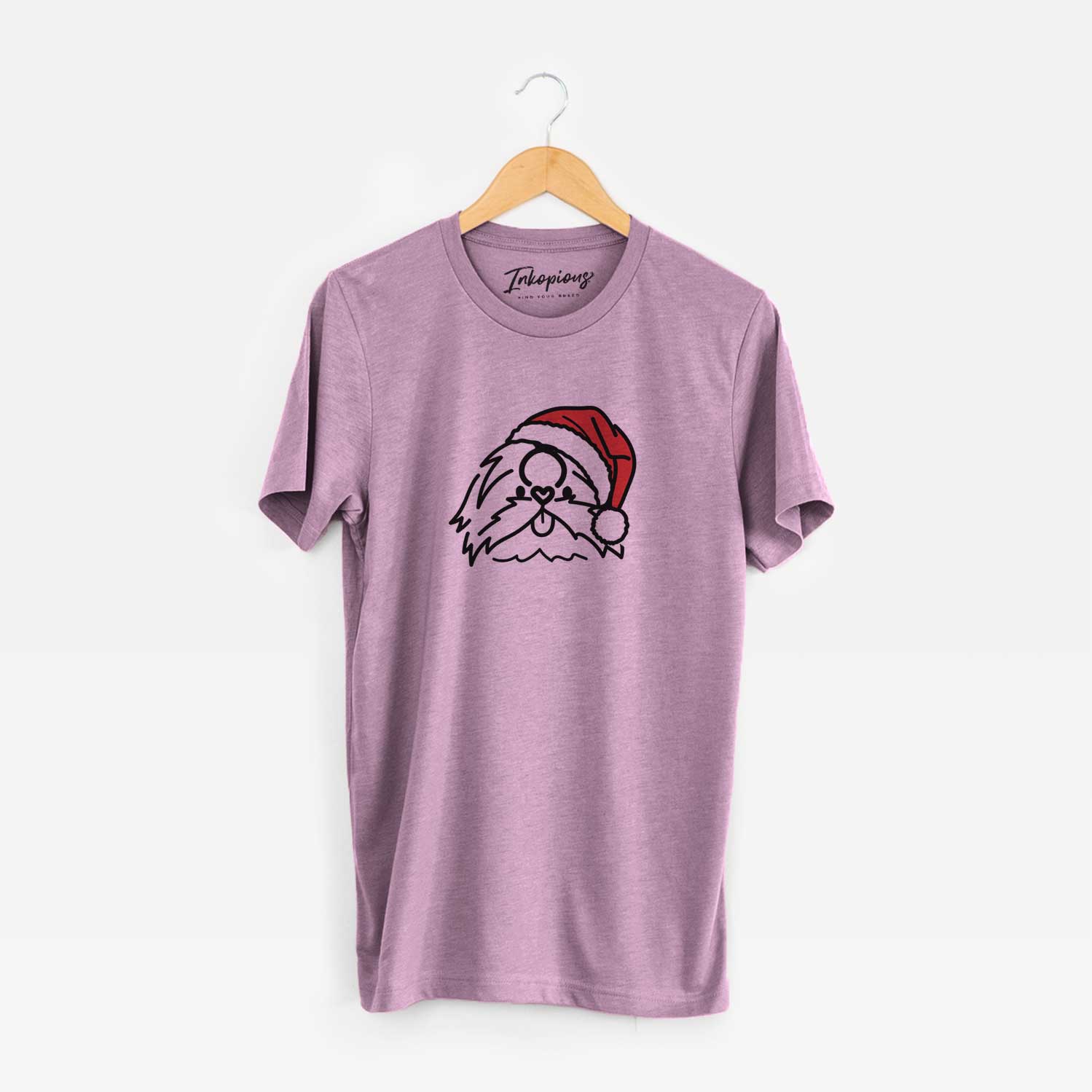 Minimalist line drawing of CoCo the Shih Tzu wearing a Santa hat on an Orchid Unisex crewneck