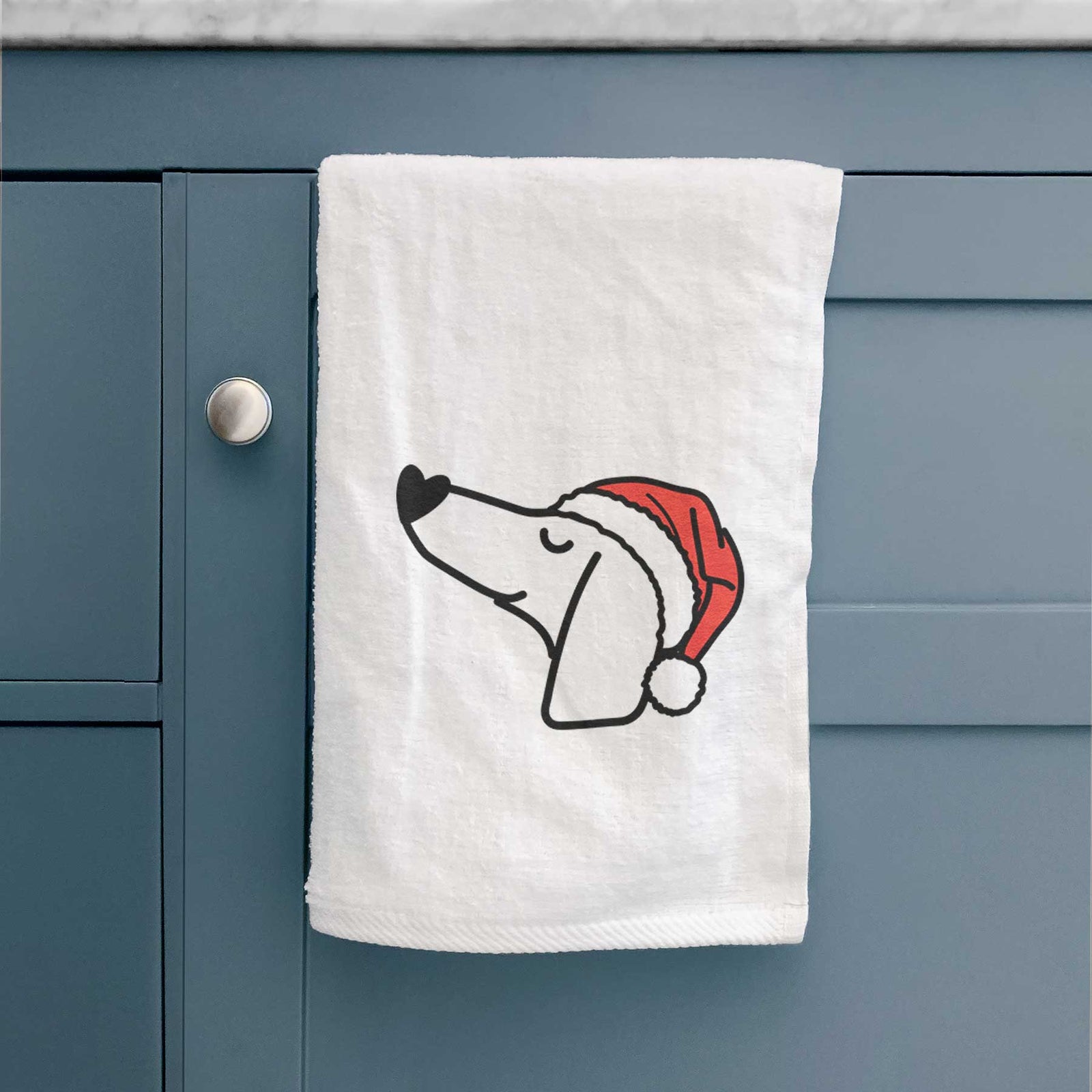 Minimalist line drawing of a Dachshund wearing a Santa hat on a decorative hand towel