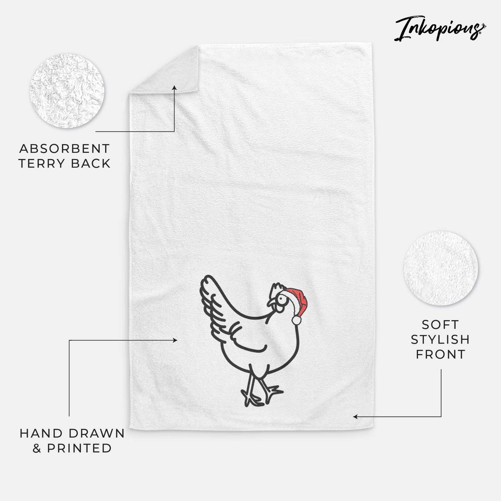 Minimalist line drawing of Daisy the Chicken wearing a Santa hat on a decorative hand towel