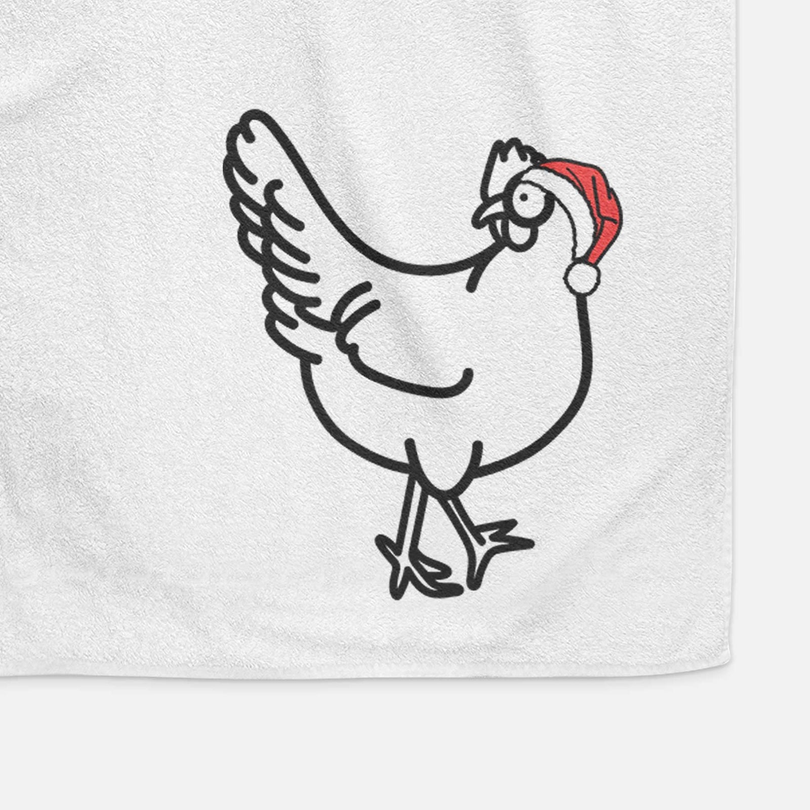 Minimalist line drawing of Daisy the Chicken wearing a Santa hat on a decorative hand towel