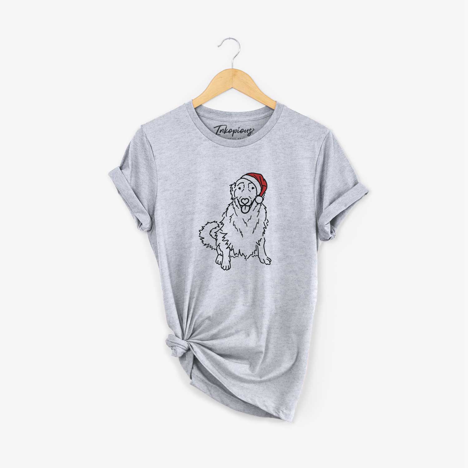 Minimalist line drawing of Daisy the Golden Retriever wearing a Santa hat on a Grey Unisex crewneck