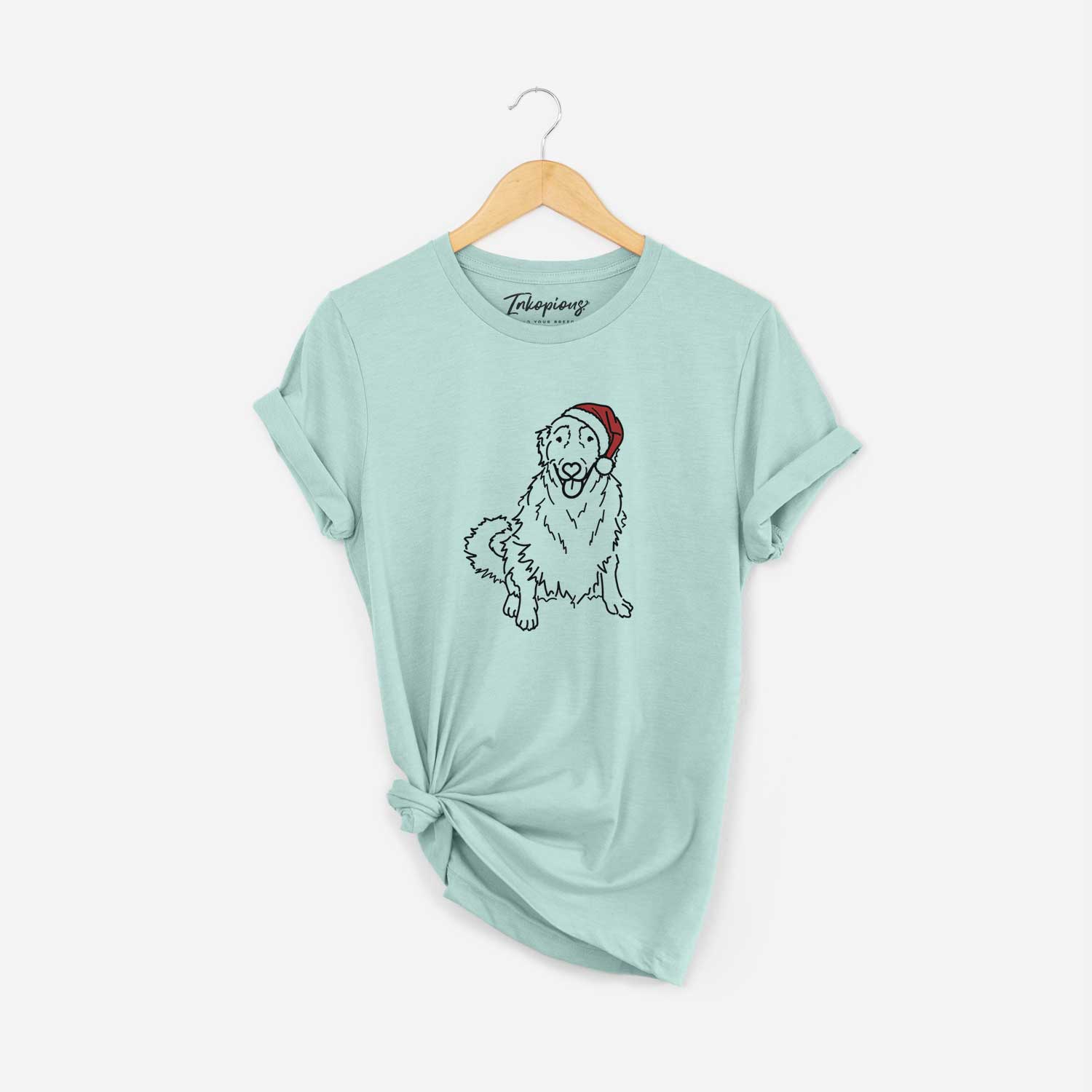 Minimalist line drawing of Daisy the Golden Retriever wearing a Santa hat on a Heather Sage Unisex crewneck