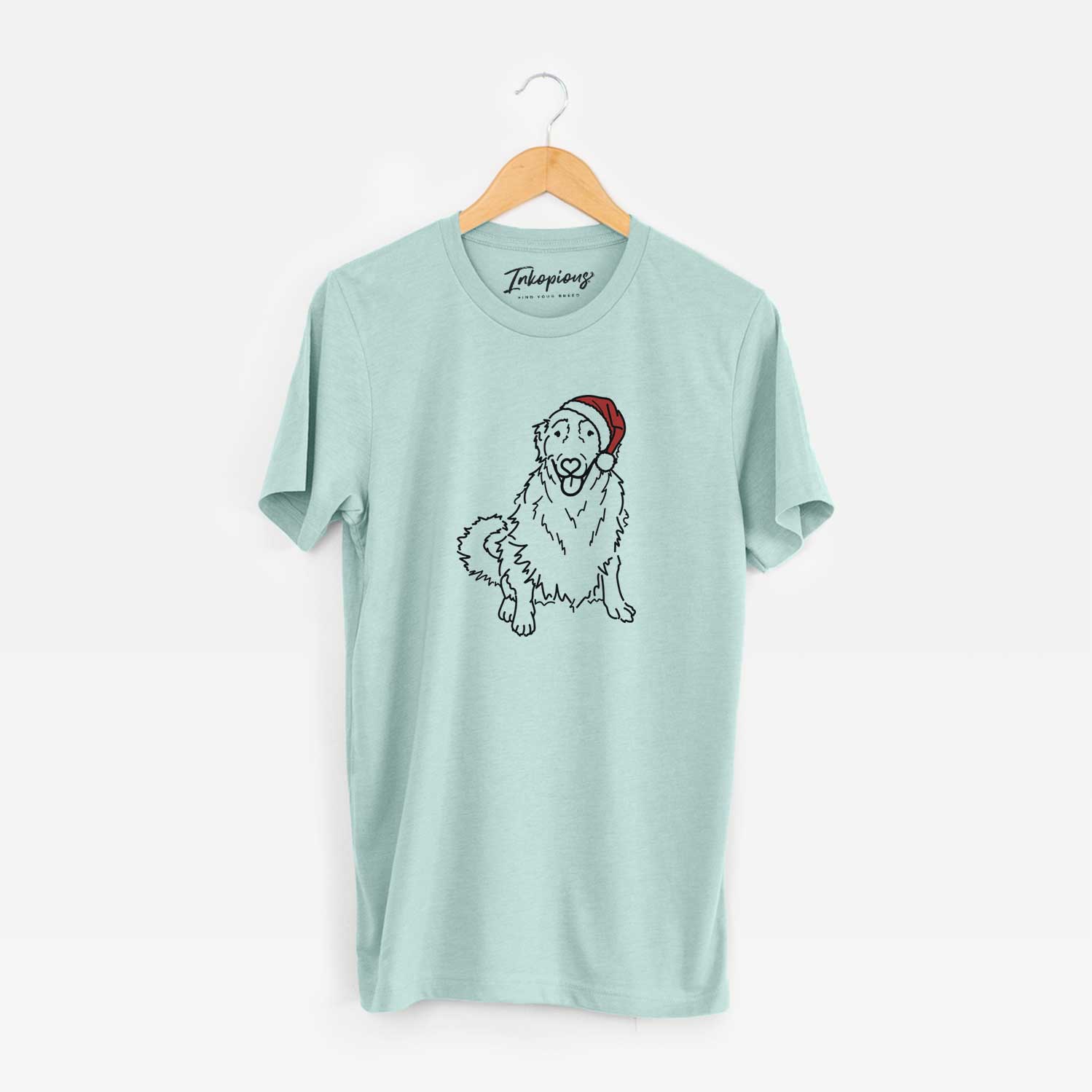 Minimalist line drawing of Daisy the Golden Retriever wearing a Santa hat on a Heather Sage Unisex crewneck